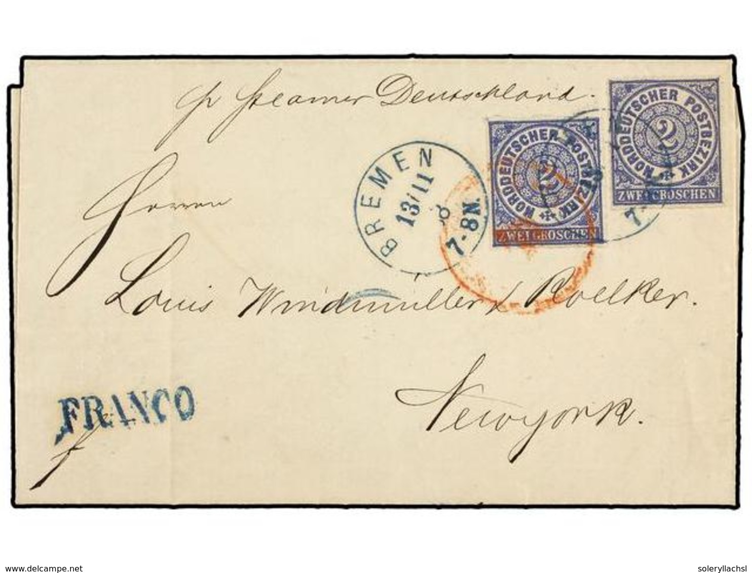 ALEMANIA ANTIGUOS ESTADOS: CONFEDERACION DEL NORTE. Mi.5 (2). 1868. BREMEN To NEW YORK. Entire Letter Franked With Two 2 - Sonstige & Ohne Zuordnung