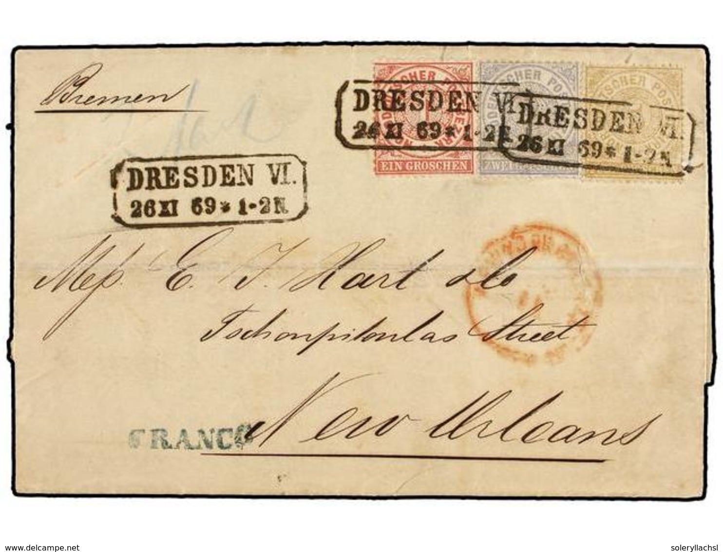 ALEMANIA ANTIGUOS ESTADOS: CONFEDERACION DEL NORTE. Mi.16, 17, 18. 1869. DRESDEN To NEW ORLEANS. Entire Letter Franked W - Altri & Non Classificati