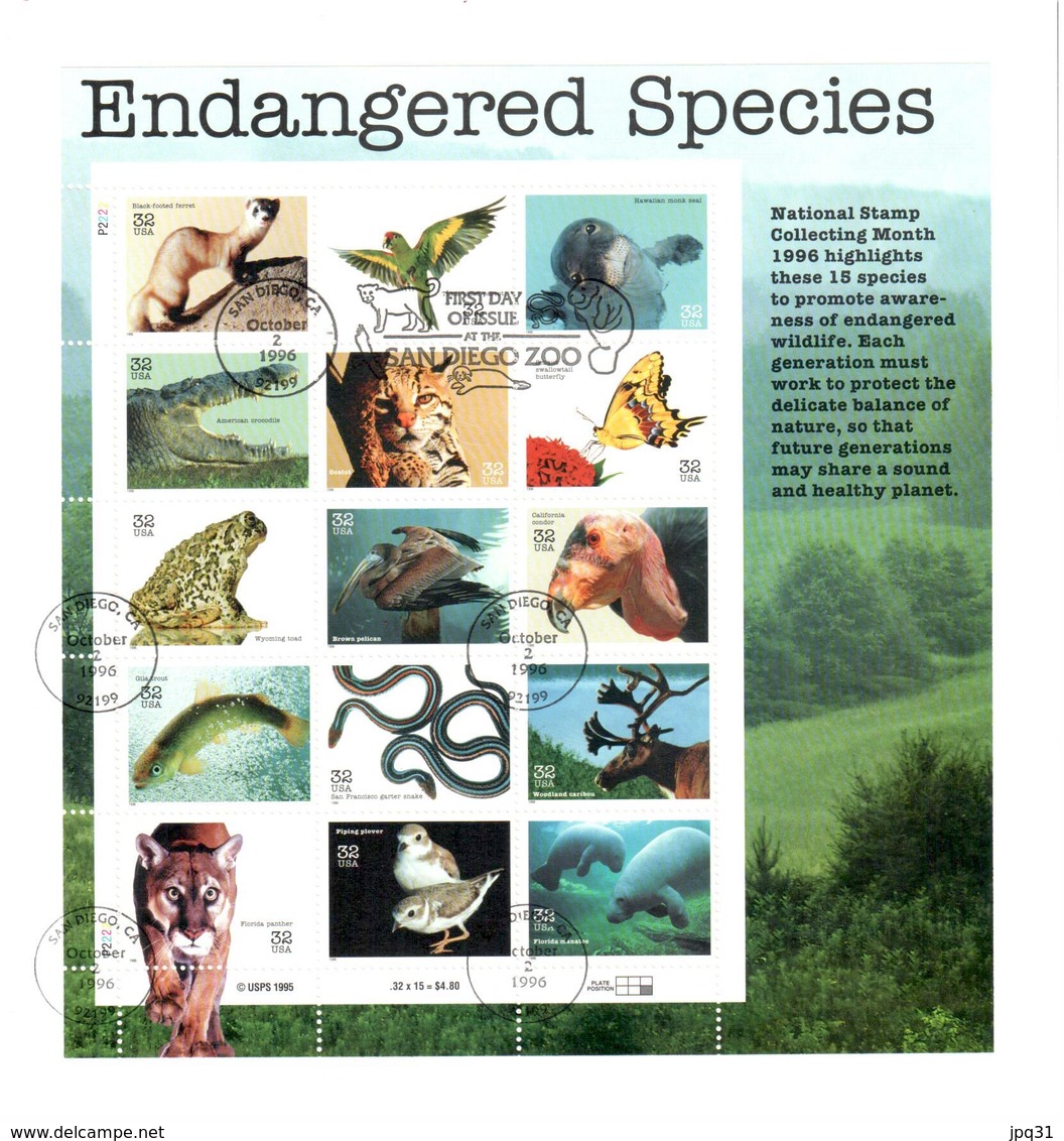 Encart Endangered Species - Premier Jour Zoo De San Diego 02/10/96 - USPS 1996 - Andere & Zonder Classificatie