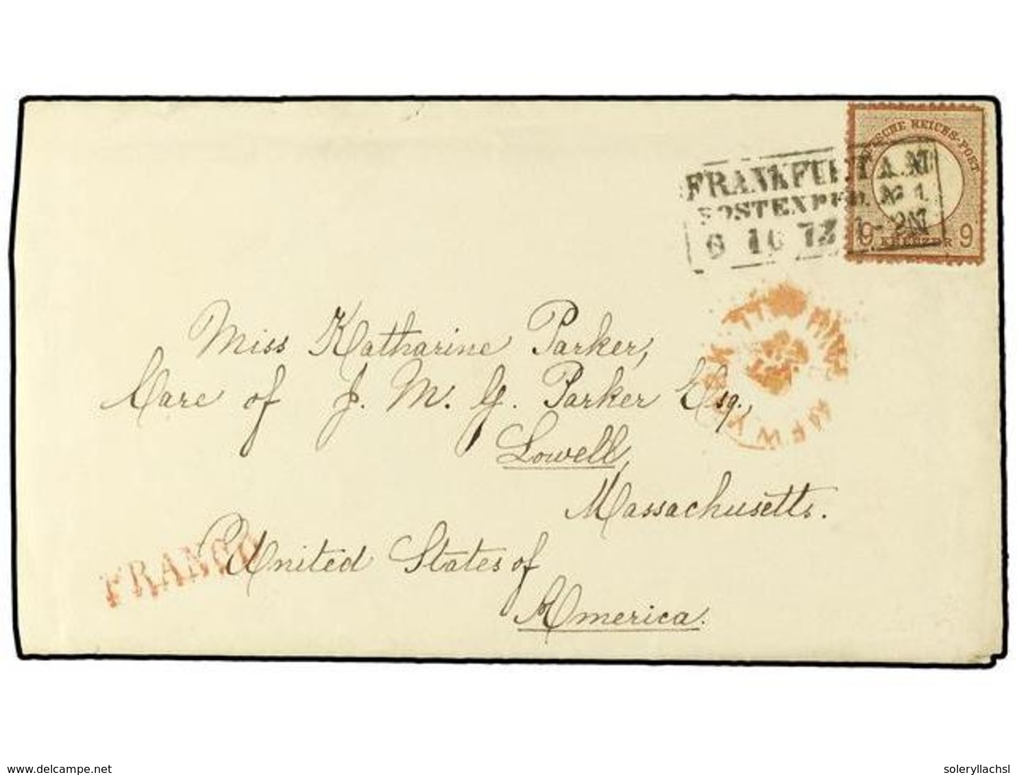 ALEMANIA. 1873. Envelope + Original Letter (long) To Lowell, Mass., USA, Franked 9kr. Tied By Boxed Frankfurt Datestamp. - Altri & Non Classificati