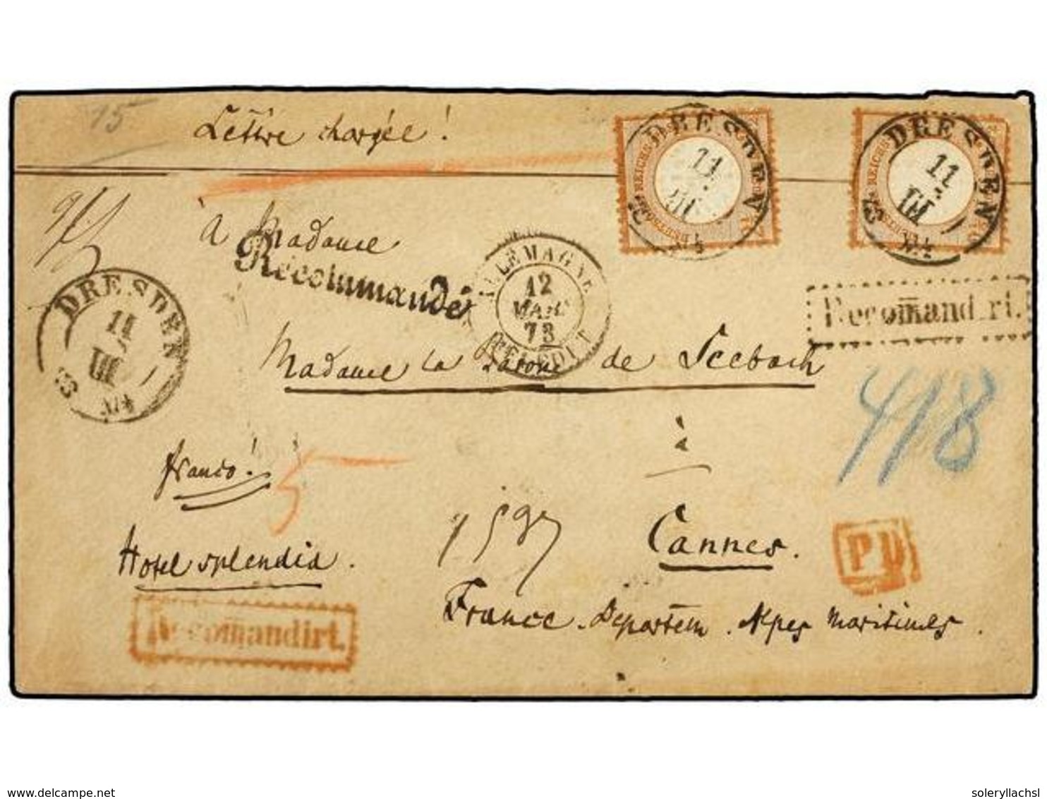 ALEMANIA. 1873. Registered Letter Sent From GERMANY To FRANCE, Franked With Two Examples Of 2 1/2 Gr. Large Shield Issue - Andere & Zonder Classificatie