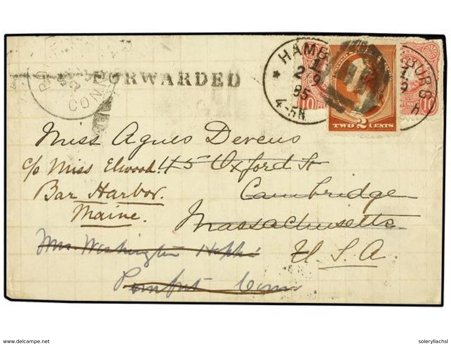 ALEMANIA. 1885. HAMBURG To CAMBRIDGE (U.S.A.). 10 Pf. Rose (one Stamp Contemporary Fault), Redirected To BAR HARBOR With - Sonstige & Ohne Zuordnung