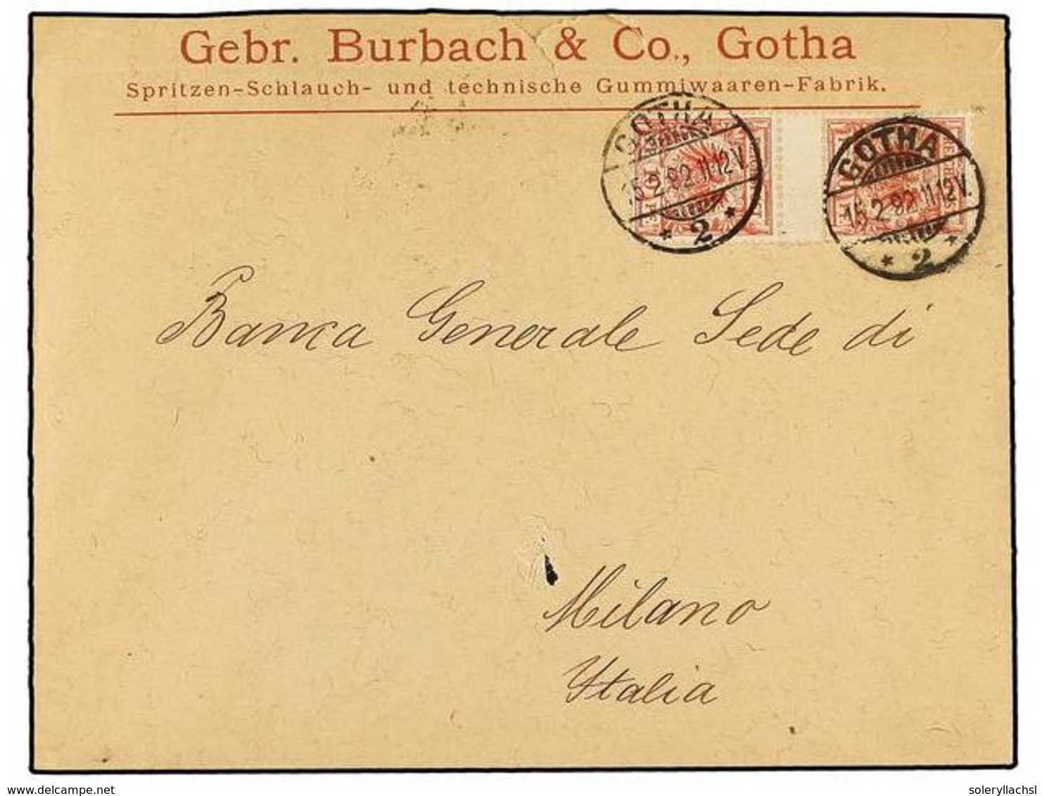 ALEMANIA. Mi.47 (2). 1892. GOTHA To ITALY. Envelope With 10 Pf. Rose Pair With INTERPANEL. Rare On Cover. - Sonstige & Ohne Zuordnung