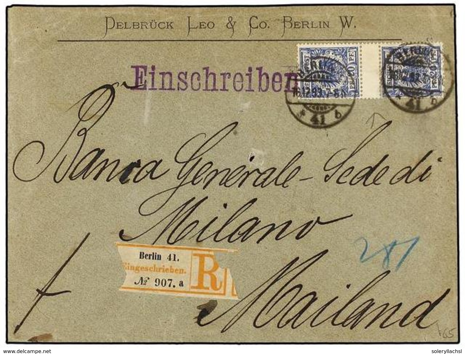 ALEMANIA. Mi.48 (2). 1893. BELIN To ITALY. Envelope With 20 Pf. Blue Pair With INTERPANEL. Rare On Cover. - Andere & Zonder Classificatie