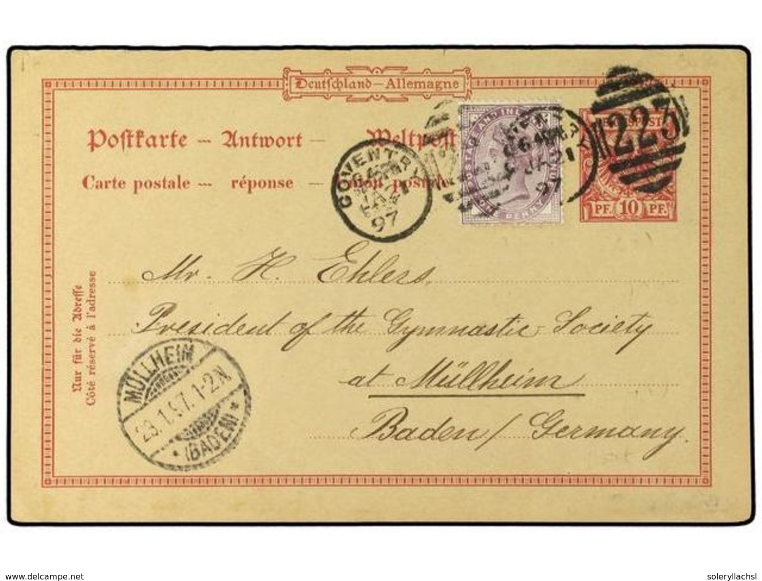 ALEMANIA. 1897 (Jan 21). Reply Half Of German 10pf. Red Stationery Card Used Back To Mullheim, Baden Additionally Franke - Altri & Non Classificati