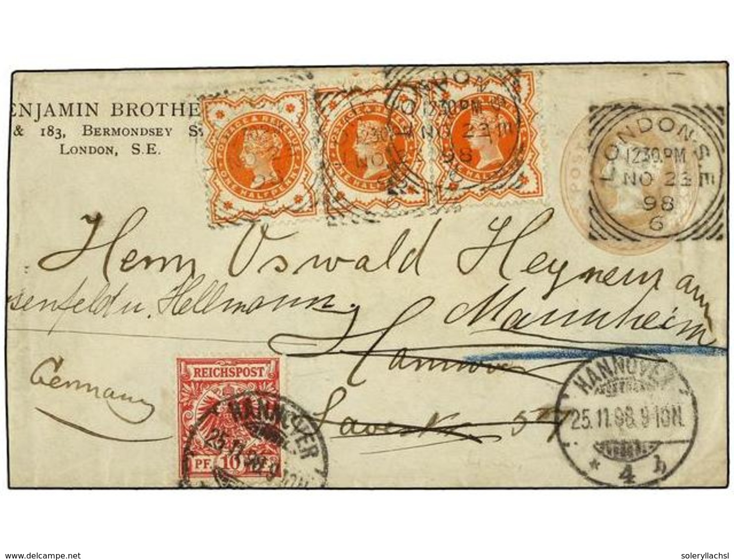 ALEMANIA. 1898. LONDON To GERMANY. 1 P. Rose Envelope (reduced At Left) Uprated With Three Great Britian 1 1/2 P. Orange - Otros & Sin Clasificación