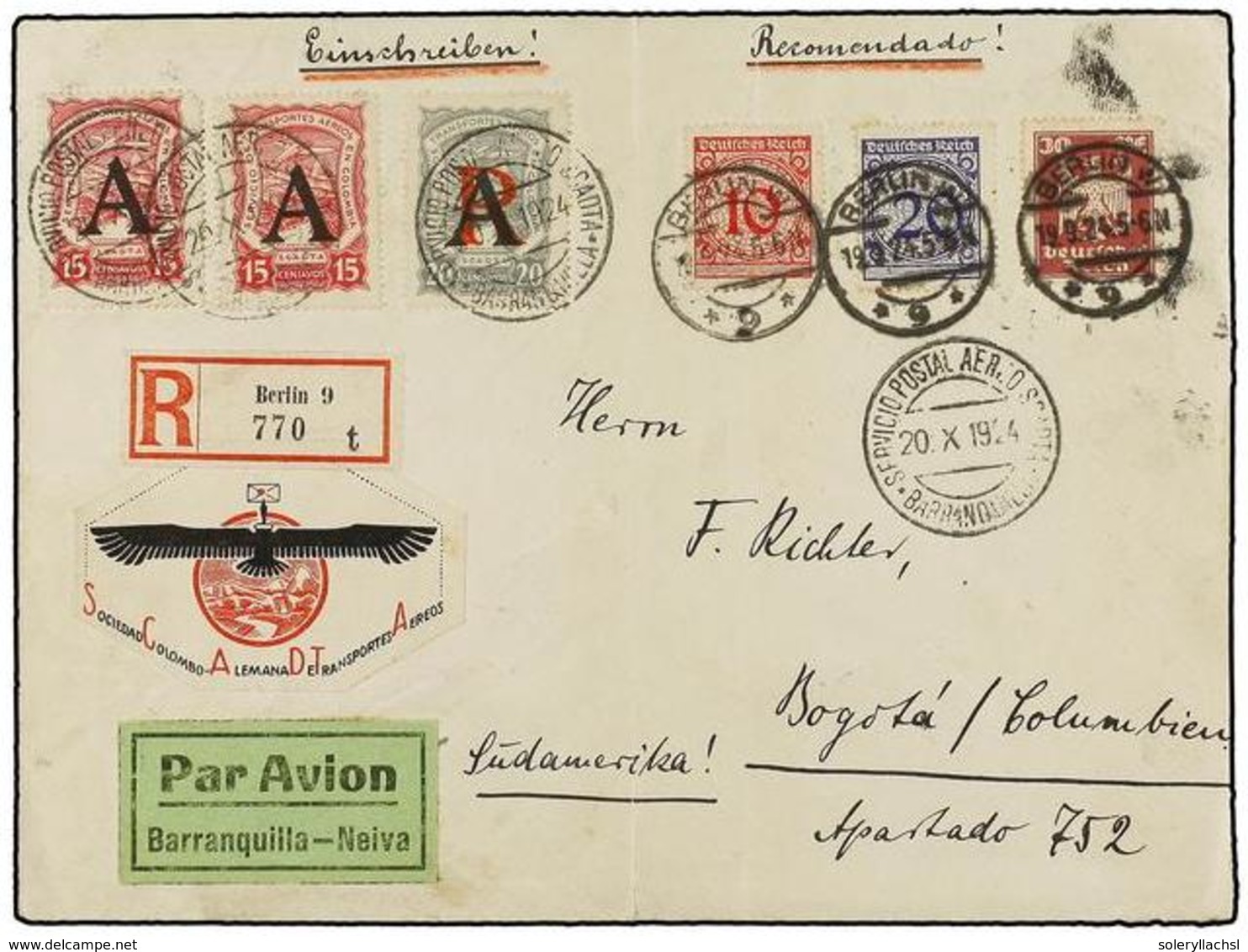 ALEMANIA. 1924. BERLÍN To BOGOTÁ. 10 Pf., 20 Pf. And 30 Pf. Sent Via SCADTA With Special Stamps Of 15 Cts. Red (2) And 2 - Andere & Zonder Classificatie