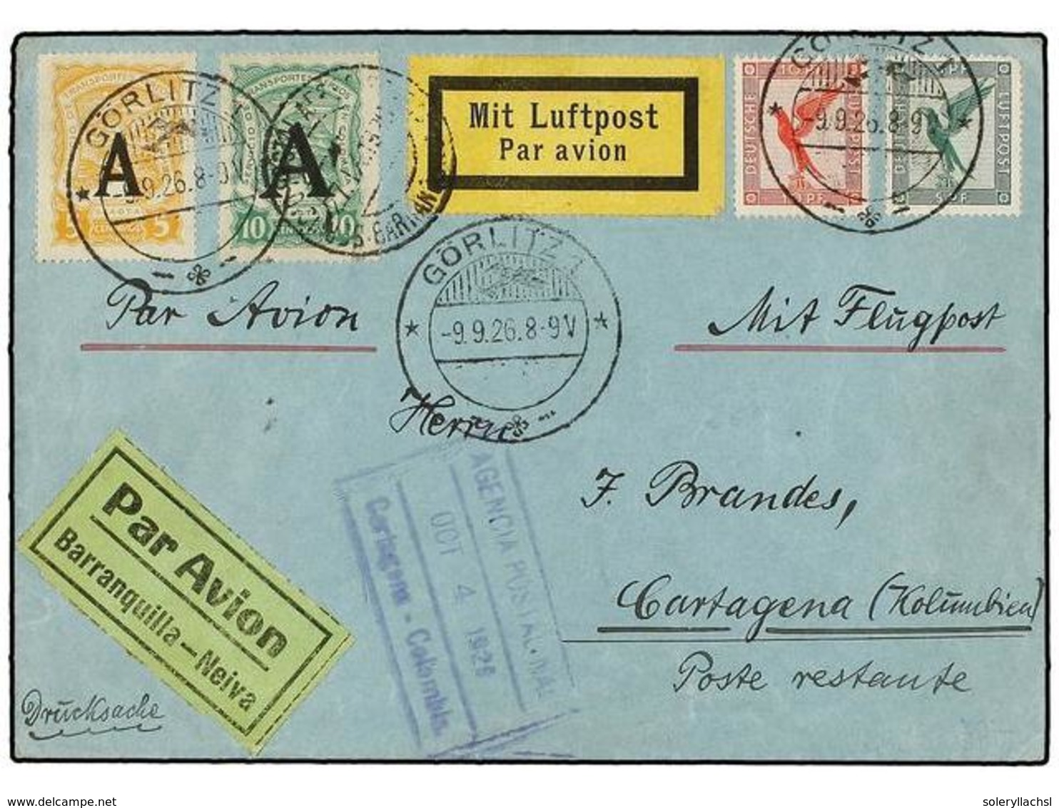 ALEMANIA. 1926. GORLITZ To CARTAGENA (Colombia). 5 Pf. Green, 10 Pf. Red And SCADTA Special Stamps Of 5 Cts. Yellow And  - Andere & Zonder Classificatie