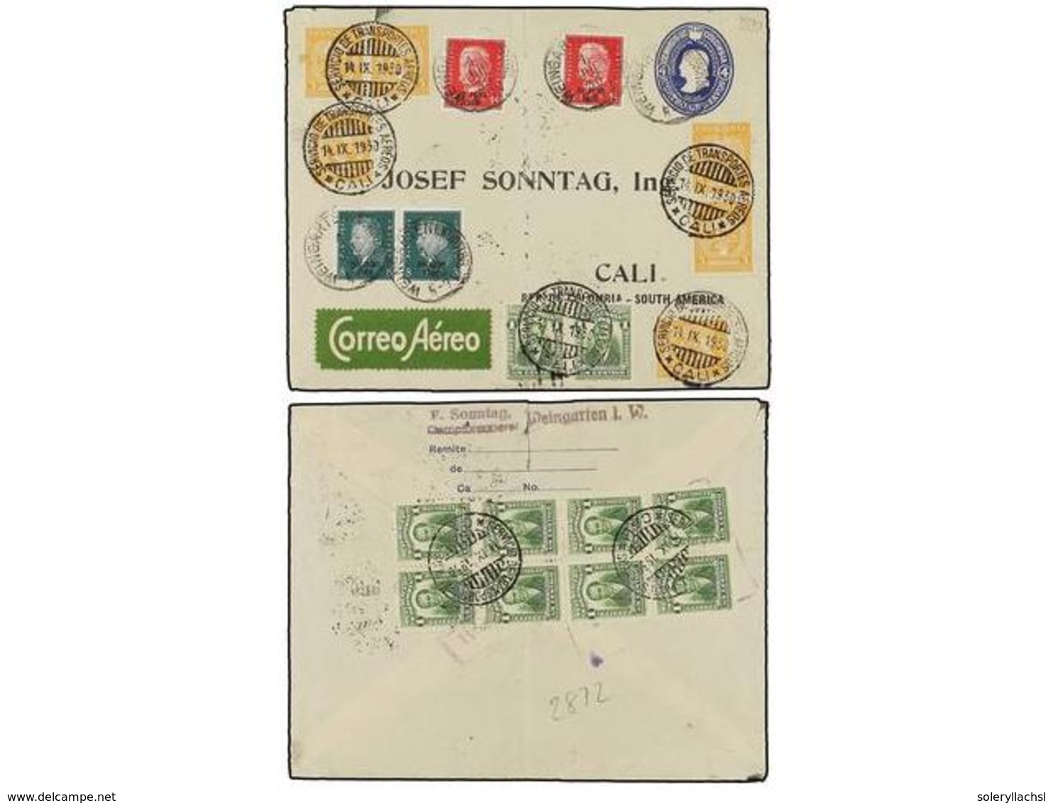 ALEMANIA. 1930. WEINGARTEN To CALI (Colombia). Colombian 4 Ctvos. Envelope Uprated With 8 Cts. (2) And 15 Cts. (2) (Mi 4 - Altri & Non Classificati