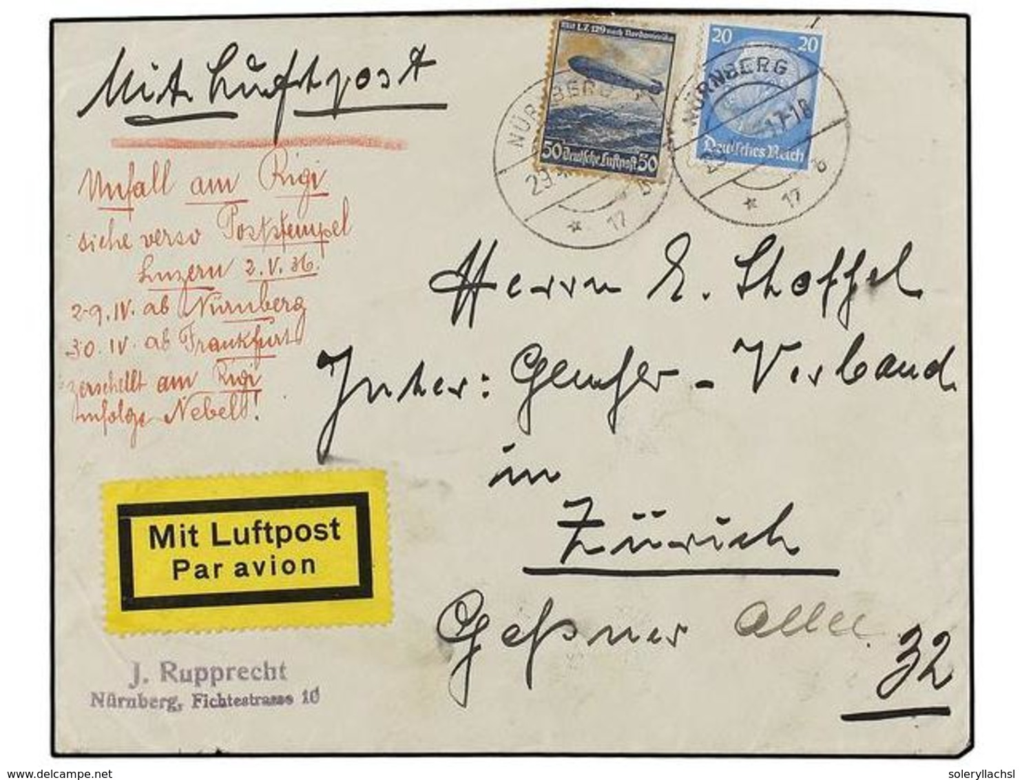 ALEMANIA. 1936. FRANKFURT To BASEL. CRASH MAIL. Envelope Crashed In Mount Rigi (Switzerland). - Andere & Zonder Classificatie