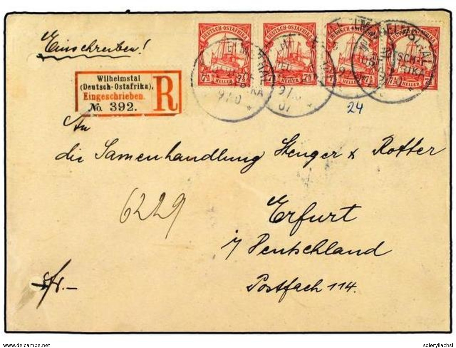 AFRICA ORIENTAL ALEMANA. 1905. 7 1/2 H. Carmine, Pair + Two Singles Tied By WILHELMSTAL Cds's On A Registered 1907 Cover - Altri & Non Classificati