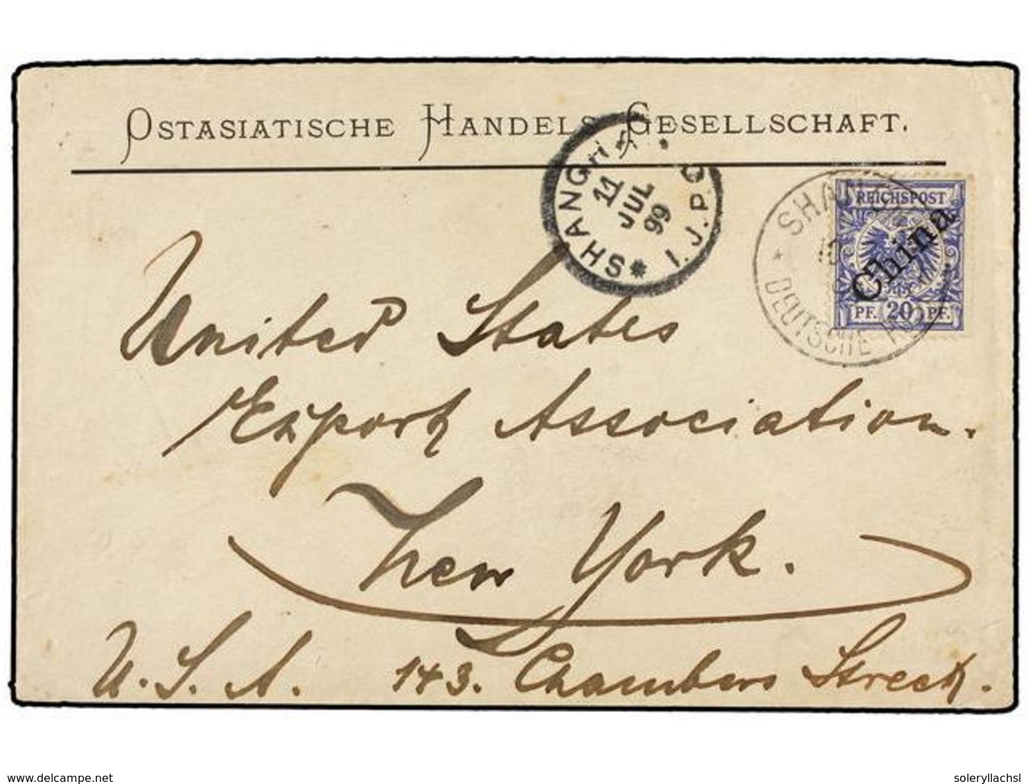 CHINA: OFICINAS POSTALES ALEMANAS. 1899. SHANGHAI To NEW YORK. 20 Pf. Blue (Mi. 1) Tied By SHANGHAI/DEUTSCHE POST Cds. A - Sonstige & Ohne Zuordnung