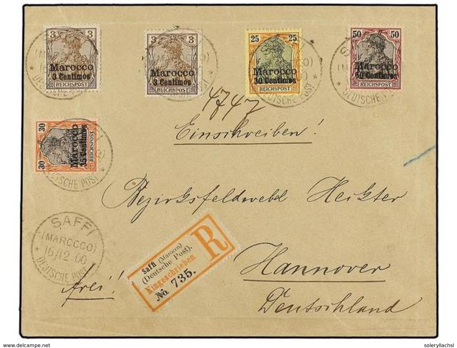 MARRUECOS ALEMAN. Mi.7 (2), 10, 11, 13. 1900. SAFFI A ALEMANIA. Carta Certificada, Precioso Franqueo, Al Dorso Llegada. - Altri & Non Classificati