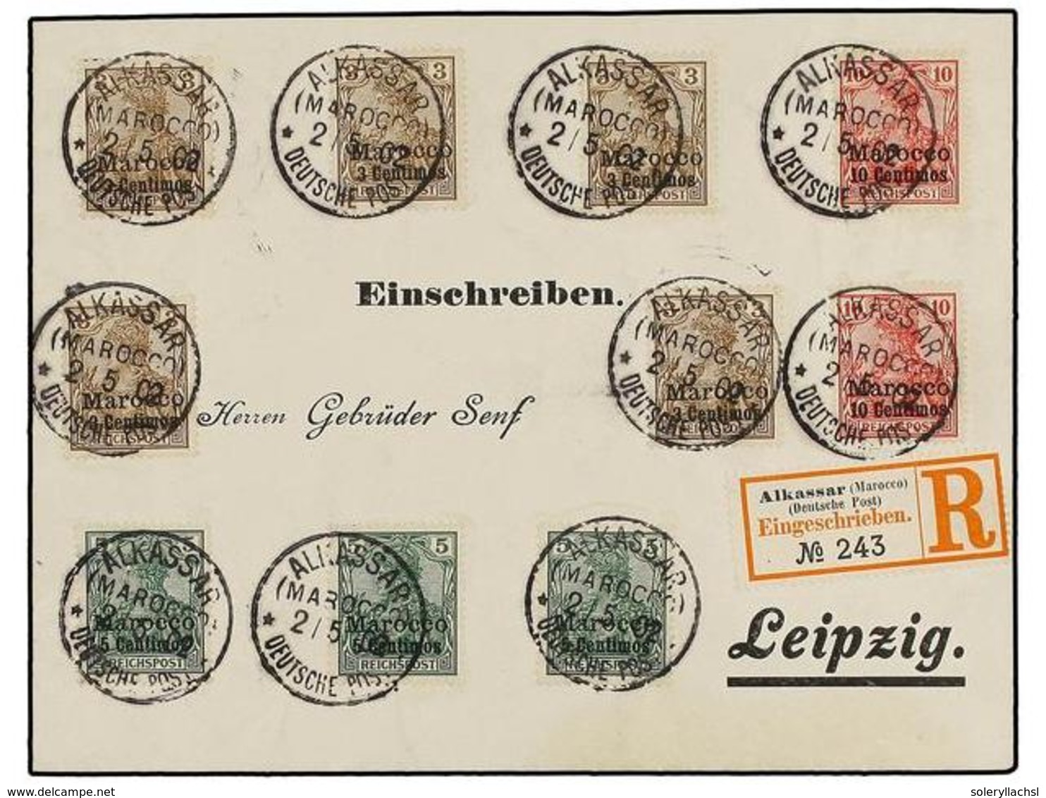 MARRUECOS ALEMAN. Mi.7 (5), 8 (3), 9 (2). 1902. ALKASAR A ALEMANIA. Precioso Franqueo, Al Dorso Llegada. - Sonstige & Ohne Zuordnung