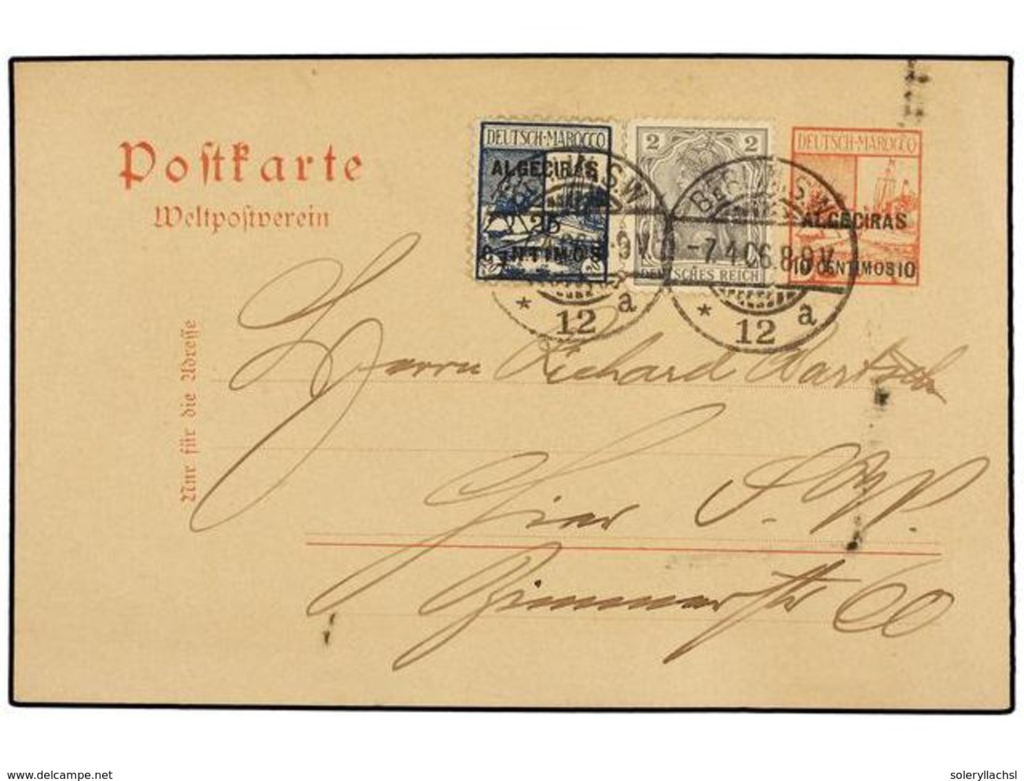 MARRUECOS ALEMAN. 1906. FANTASIA. ENTERO POSTAL Alemán De 20 Pf. Rojo Habilitado Para ALGECIRAS/10 Céntimos Con Sello Al - Altri & Non Classificati