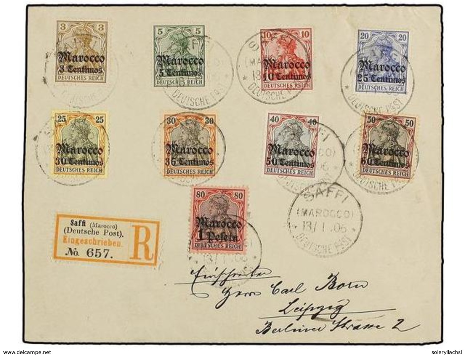 MARRUECOS ALEMAN. Mi.21/29. 1906. SAFFI A ALEMANIA. Carta Certificada, Precioso Franqueo, Al Dorso Llegada. - Sonstige & Ohne Zuordnung