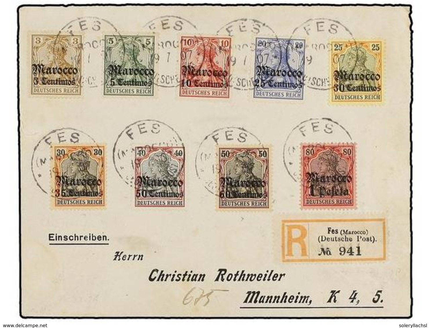 MARRUECOS ALEMAN. Mi.21/29. 1907. FEZ A ALEMANIA. Precioso Franqueo, Carta Certificada, Al Dorso Llegada. - Altri & Non Classificati