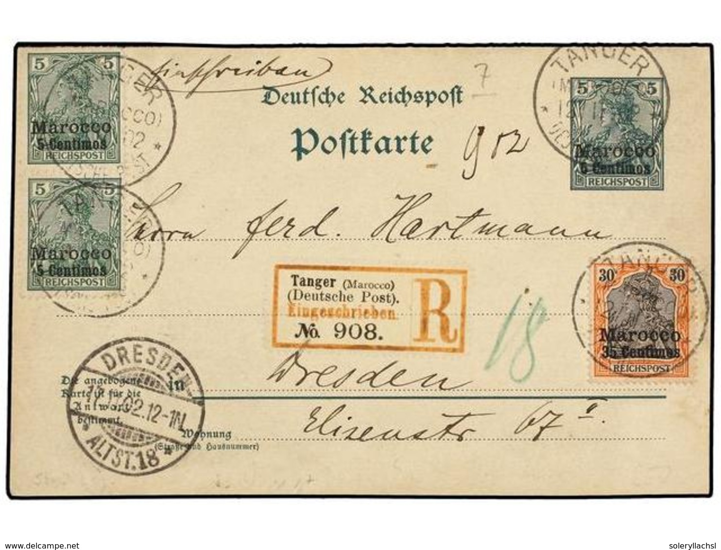 MARRUECOS ALEMAN. Mi.8 (2), 11. 1912. TANGER A ALEMANIA. Entero Postal Doble De 5 Pf. + 5 Pf. Con Franqueo Complementari - Altri & Non Classificati