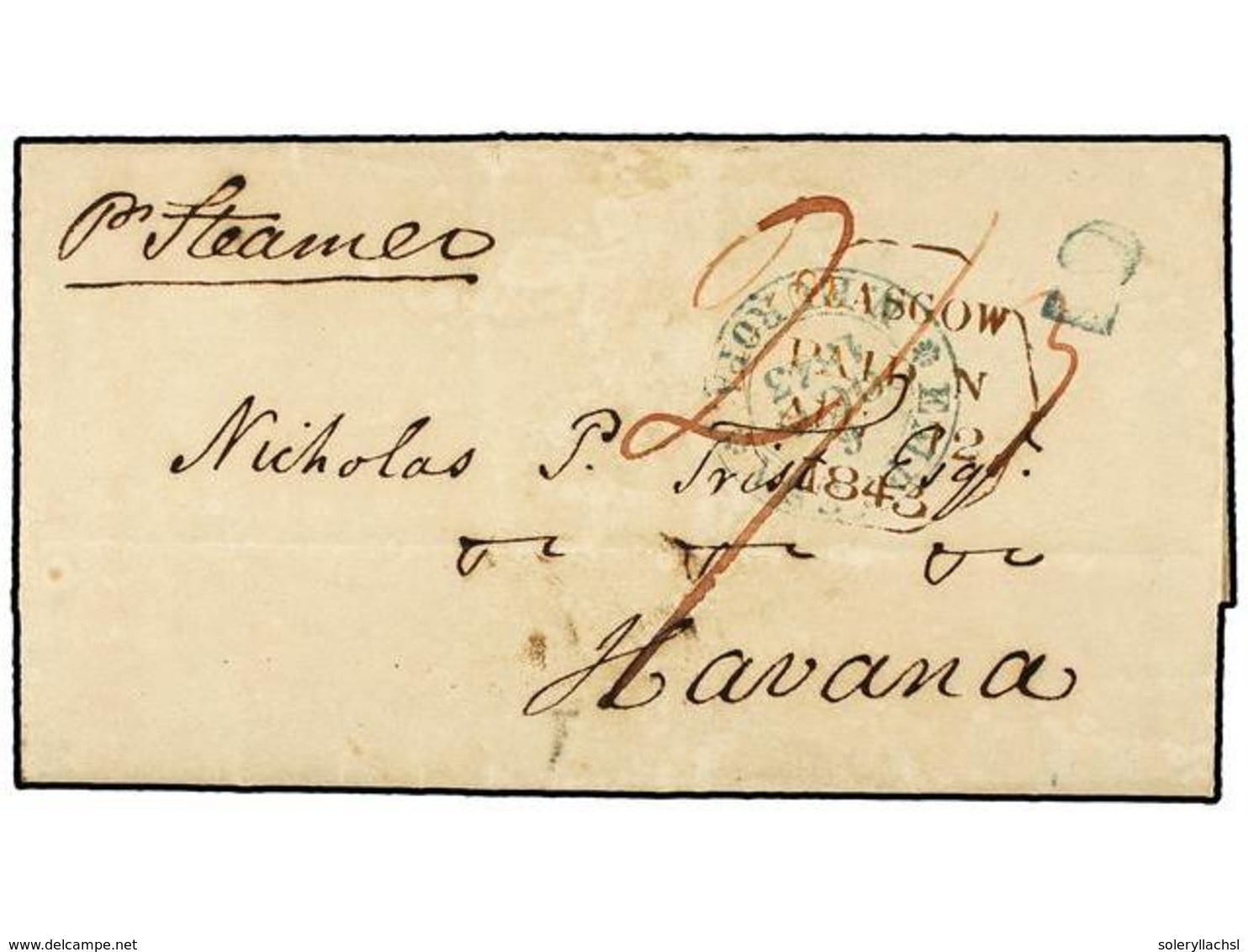 GRAN BRETAÑA. 1846. GLASGOW (Scotland) To HAVANA (Cuba). Octogonal Red GLASGOW PAID Cds. In Arrival EMPRESA/N. EUROPA In - Sonstige & Ohne Zuordnung