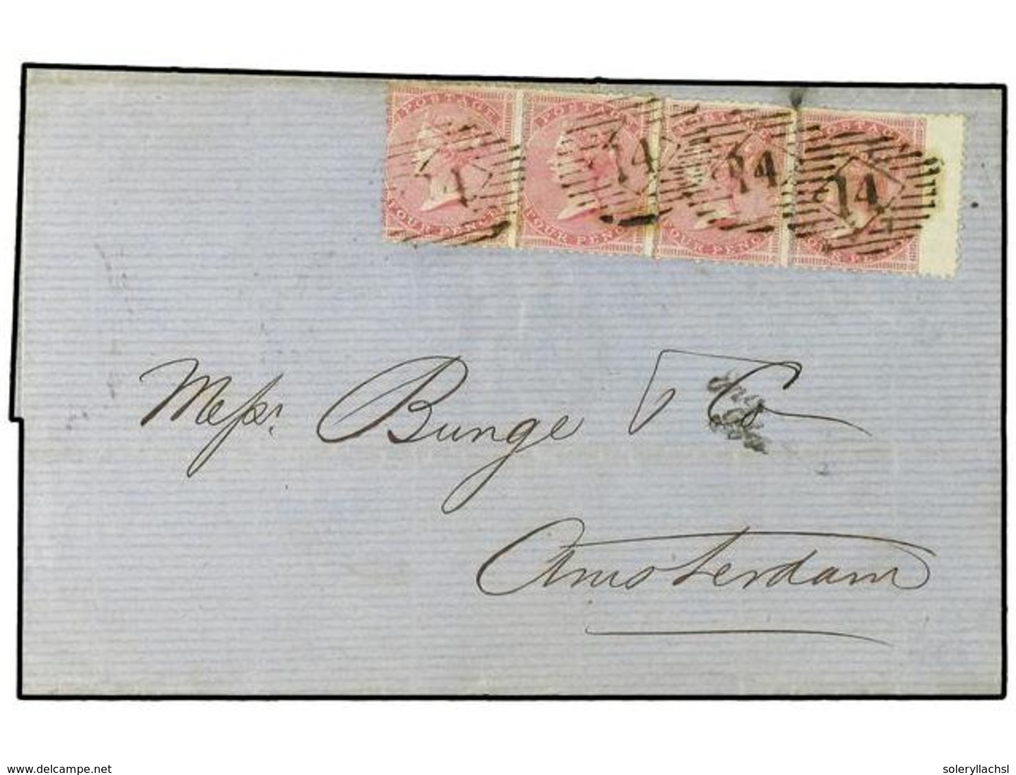 GRAN BRETAÑA. 1857(May 16). Cover To Amsterdam Franked By Very Fine Strip Of Four 1857 4d Rose All Tied By London '14' N - Sonstige & Ohne Zuordnung