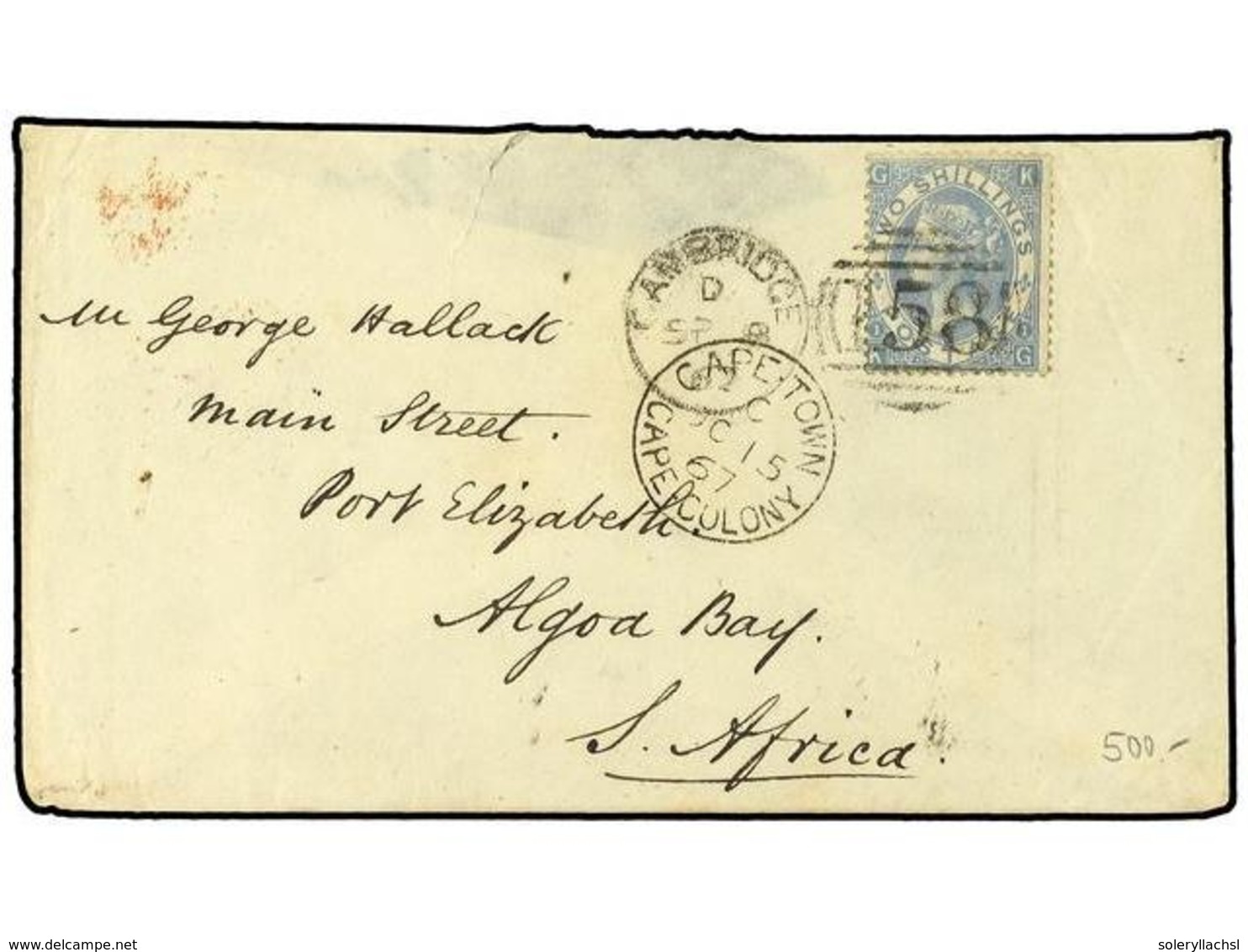 GRAN BRETAÑA. 1867. Envelope To PORT ELIZABETH, South Africa, Franked 2s. Blue, Plate 1, Tied By CAMBRIDGE '158' Duplex. - Sonstige & Ohne Zuordnung