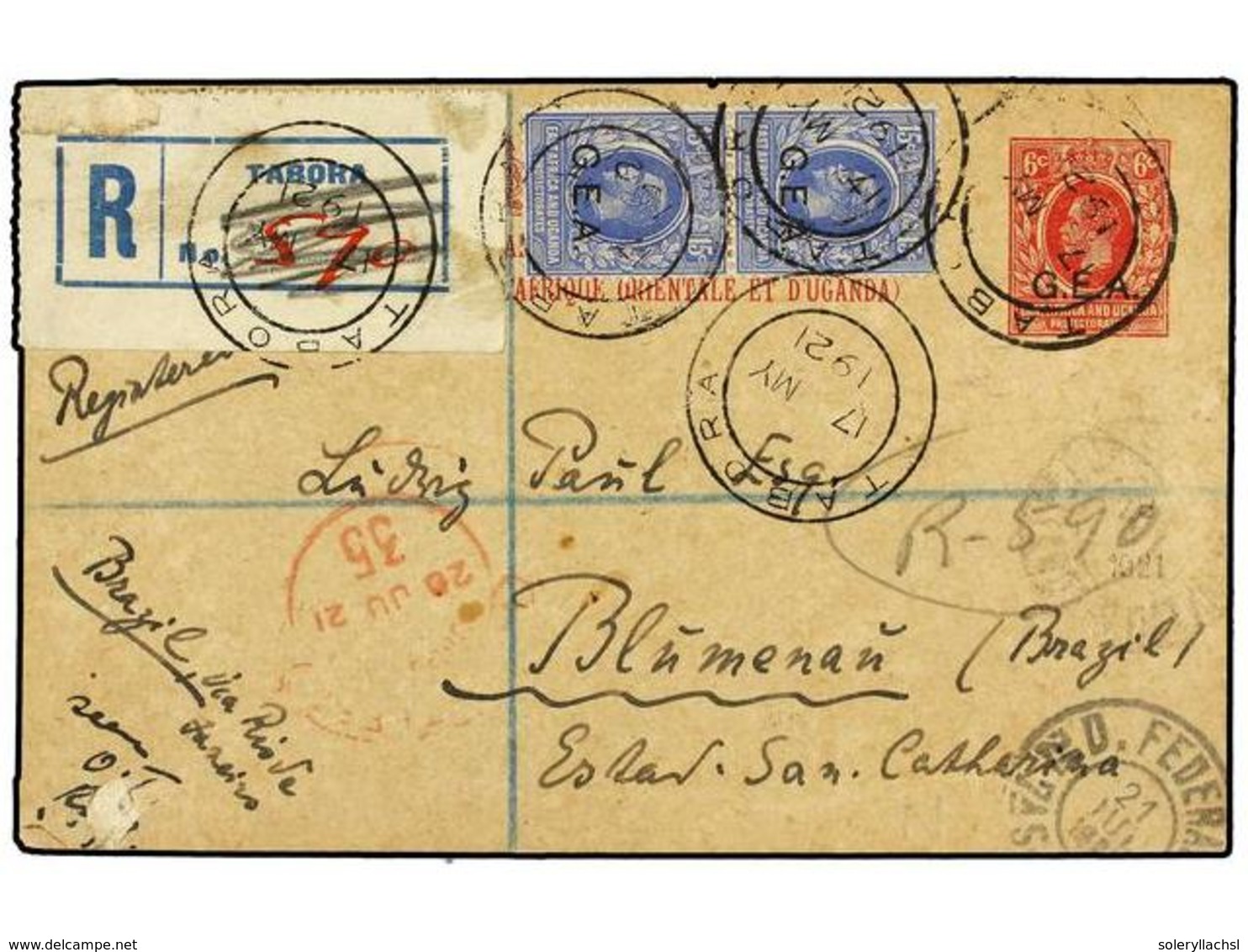 AFRICA ORIENTAL BRITANICA. 1921. Registered Overprinted 6c. Postal Stationery Card Sent To BRAZIL, Uprated With Pair Of  - Sonstige & Ohne Zuordnung