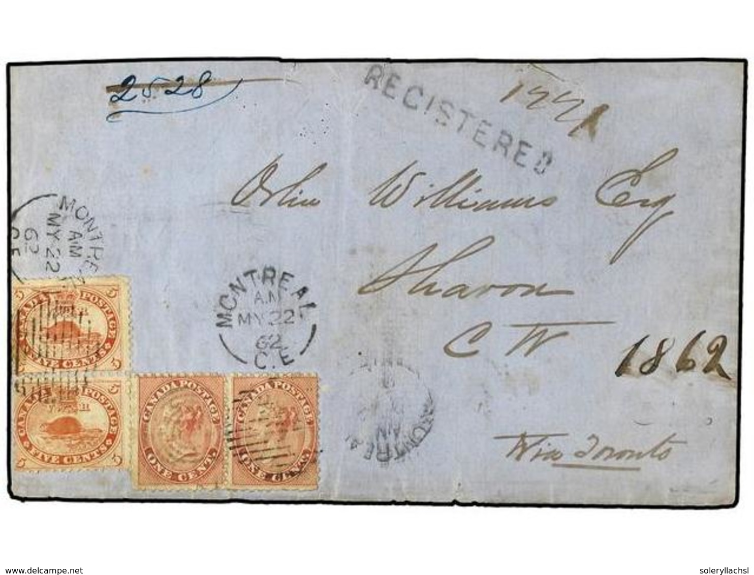 CANADA. 1862 (May 22). Registered Cover To SHARON Via Toronto, Bearing Perf 1859 1 C. Rose Pair And Beaver 5 C. Vermilio - Altri & Non Classificati