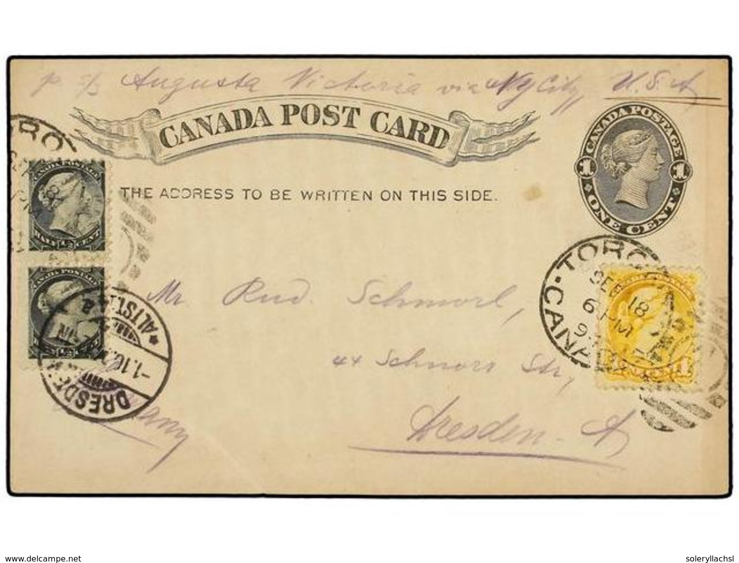 CANADA. 1894. TORONTO To GERMANY. 1 Cent. Black Postal Stationary Card Uprated With Two 1/2 Cent. Black And 1 Cent. Yell - Sonstige & Ohne Zuordnung