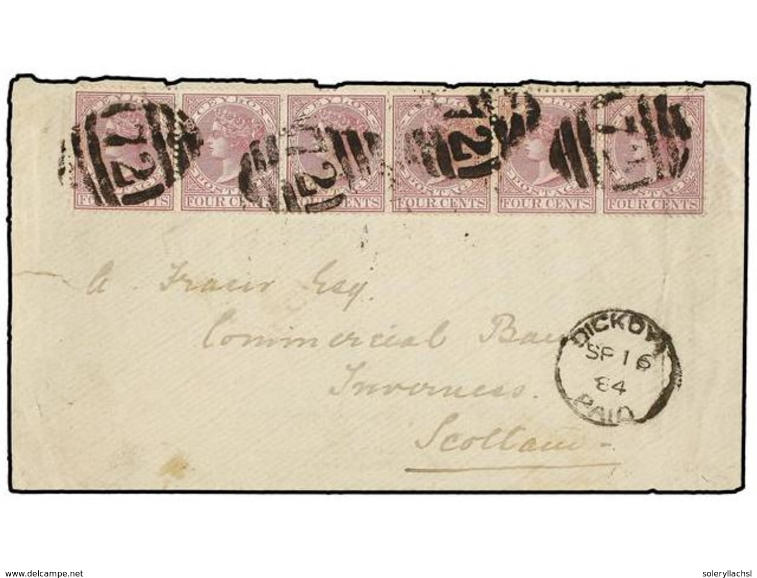 CEILAN. 1884. DICKOY To SCOTLAND. Envelope Franked With Strip Of Six 4 Cents. Purple Arrival On Reverse. - Andere & Zonder Classificatie