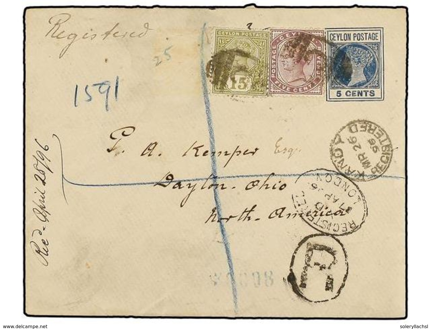 CEILAN. Sg.131, 136. 1896. KANDY To USA. 5 Cts. Blue Postal Stationary Envelope Uprated With 5 Cents. And 15 Cts. Stamps - Altri & Non Classificati