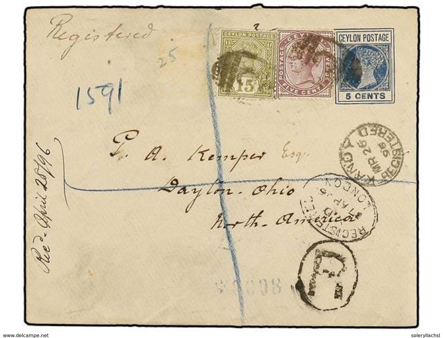 CEILAN. Sg.131, 136. 1896. KANDY To USA. 5 Cts. Blue Postal Stationary Envelope Uprated With 5 Cents. And 15 Cts. Stamps - Sonstige & Ohne Zuordnung