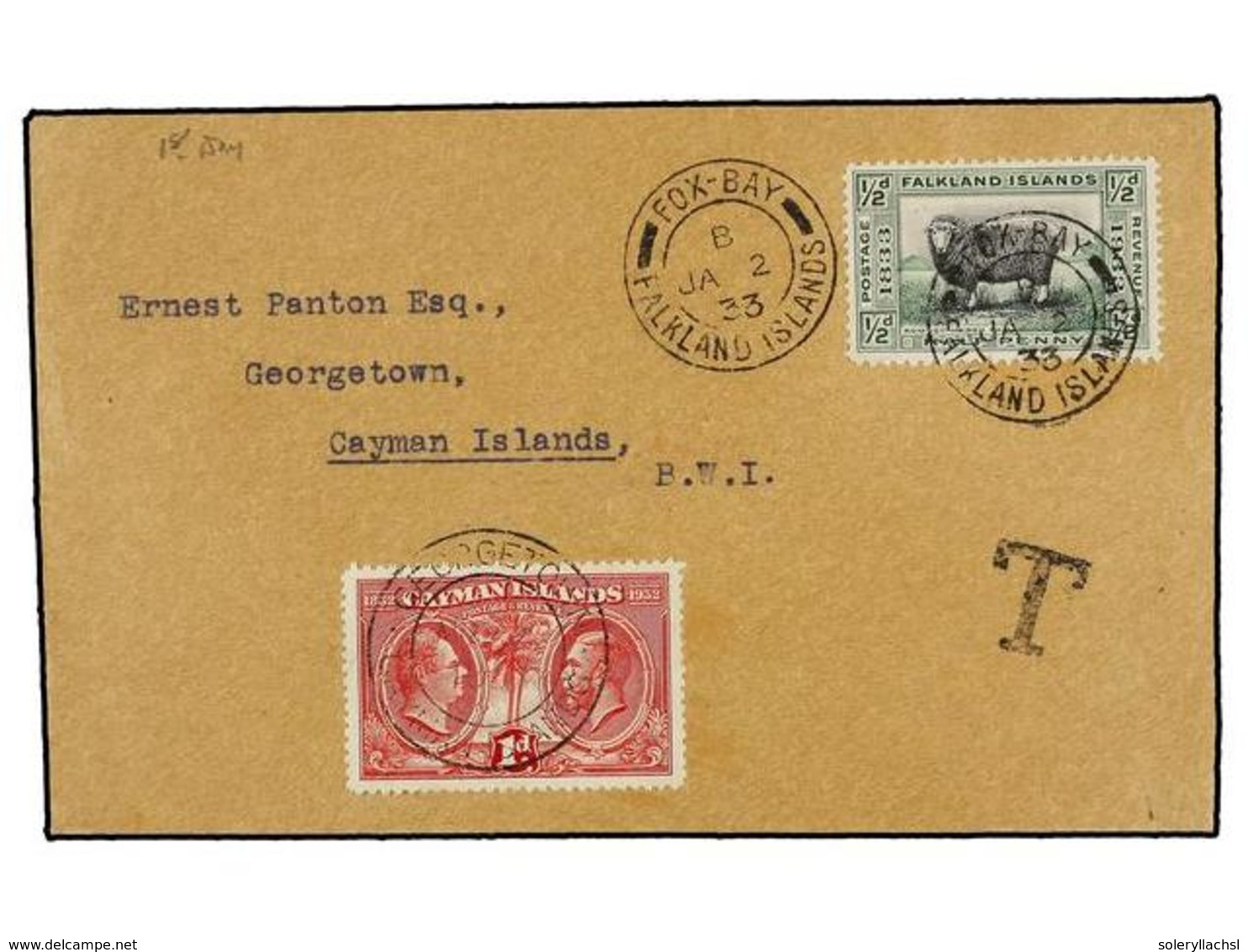 FALKLAND. 1933. FOX-BAY To CAYMAN ISLANDS. 1/2 D. Green And Black, Taxed On Arrival With Cayman 1 D. Real Stamp. - Sonstige & Ohne Zuordnung