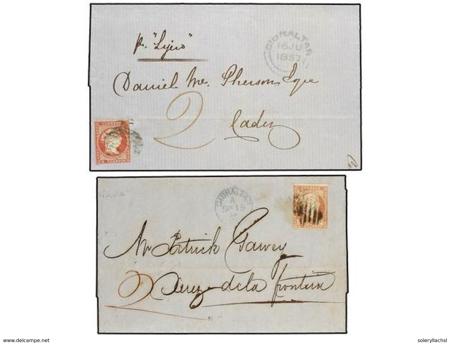 GIBRALTAR. 1857-58. GIBRALTAR A CÁDIZ Y JEREZ. 2 Cartas Con Fechadores De GIBRALTAR Y Sello De 4 Cuartos Rojo, Matasella - Altri & Non Classificati