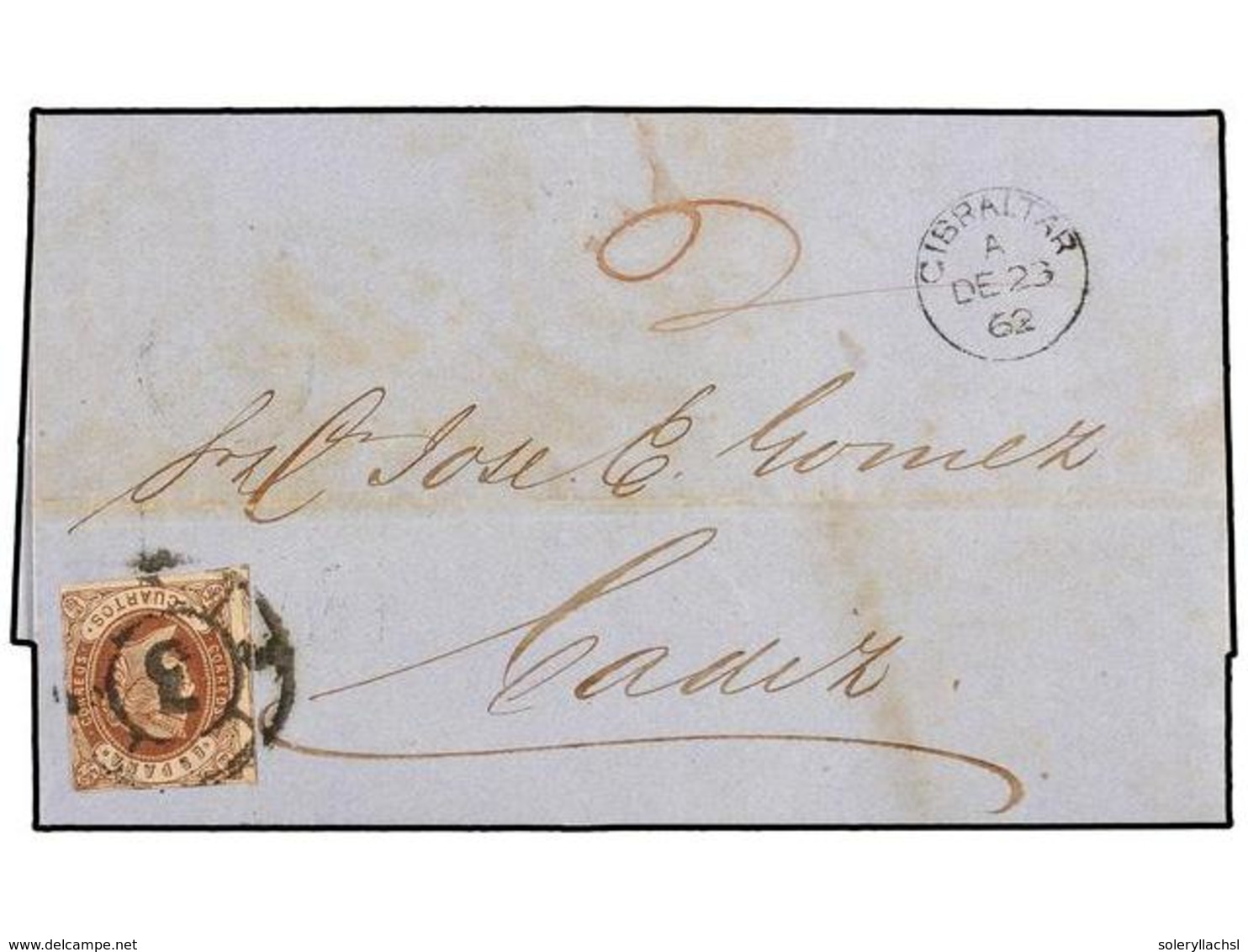 GIBRALTAR. 1862. GIBRALTAR To CADIZ. Complete Letter Sheet Circulated By Spanish 4 Cuartos Brown Tied RC3 From Cádiz In  - Altri & Non Classificati