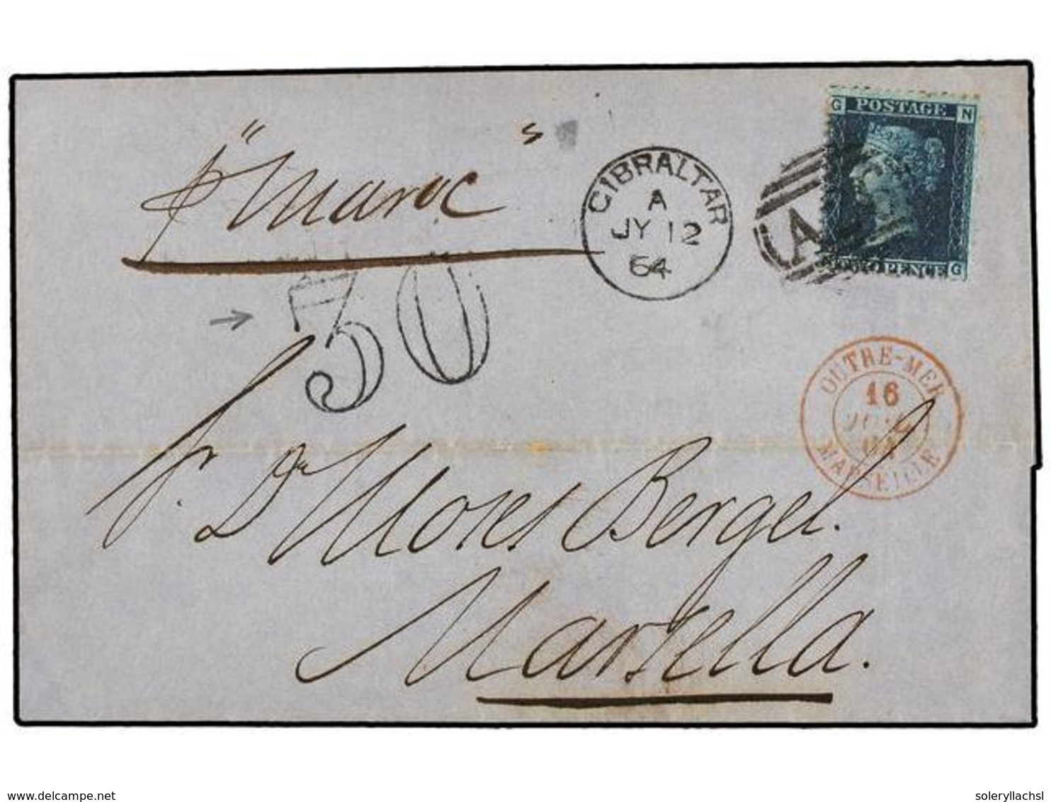 GIBRALTAR. 1864. GIBRALTAR To MARSELLA. Folded Letter Franked With GB 2 D. Blue Stamp, Tied By Duplex GIBRALTAR/A 26, Ta - Sonstige & Ohne Zuordnung