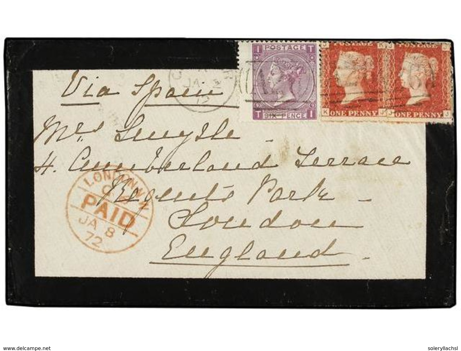 GIBRALTAR. 1872. GIBRALTAR To ENGLAND. Envelope Franked With Two GB 1 D. Red And 6 P. Lilac (pl. 9) Cancelled By Duplex  - Altri & Non Classificati