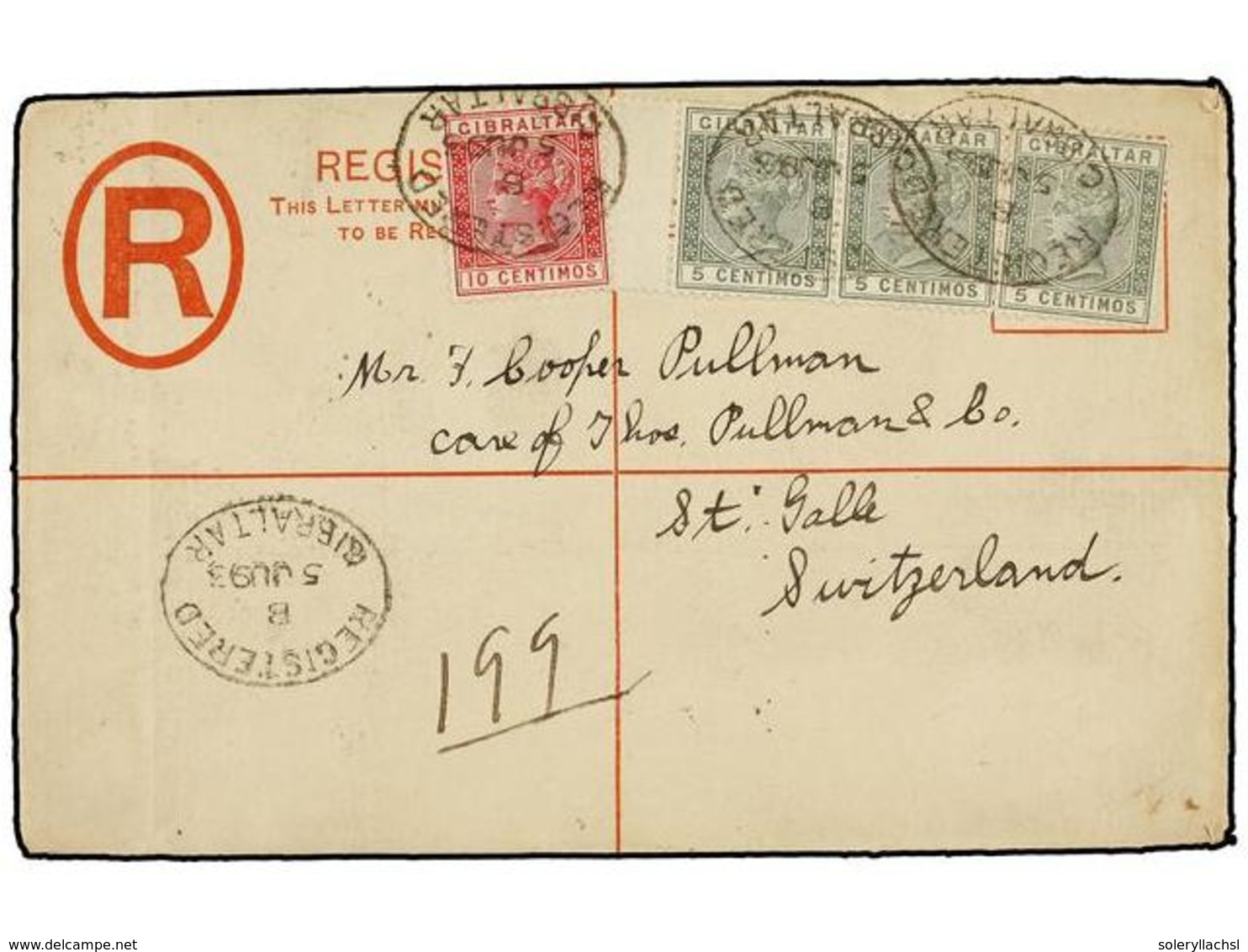 GIBRALTAR. Sg.22 (3), 23. 1893. GIBRALTAR To SWITZERLAND. 20 Cts. Red, Registered Envelope (Size H) Uprated With Three 5 - Sonstige & Ohne Zuordnung
