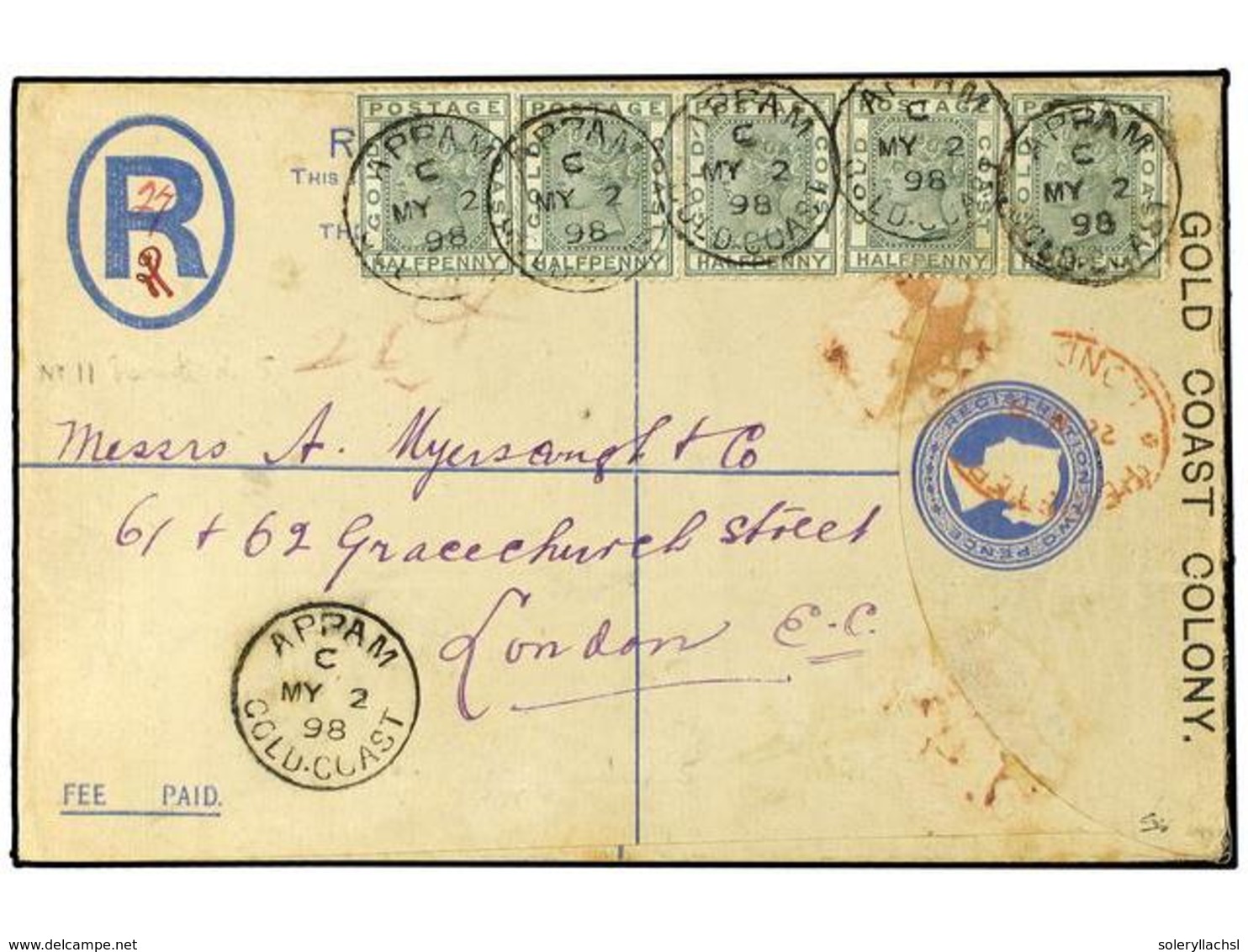COSTA DE ORO. 1898 (May 2). 2d. Blue Registered Postal Stationery Envelope, Size F, Used To London Franked By 1884 ½d. D - Altri & Non Classificati