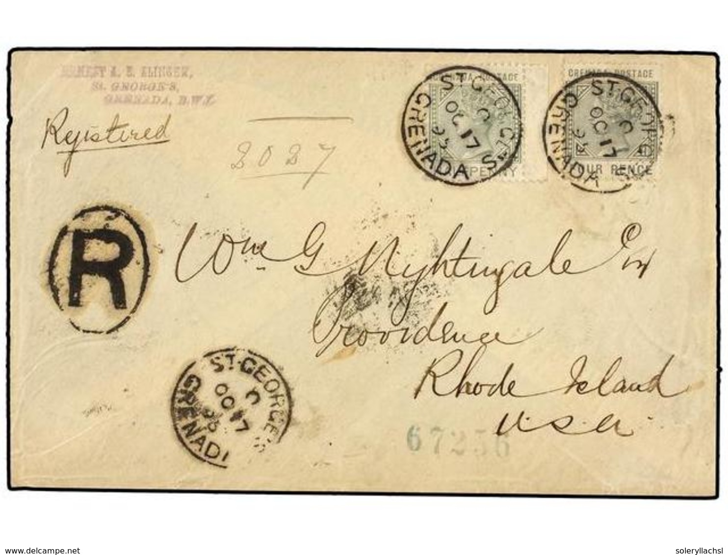 GRENADA: GRENADINAS. Sg.33 (2). 1895. ST. GEORGE'S To USA. Envelope Franked With Two 4 D. Green Stamps, Arrival On Rever - Altri & Non Classificati