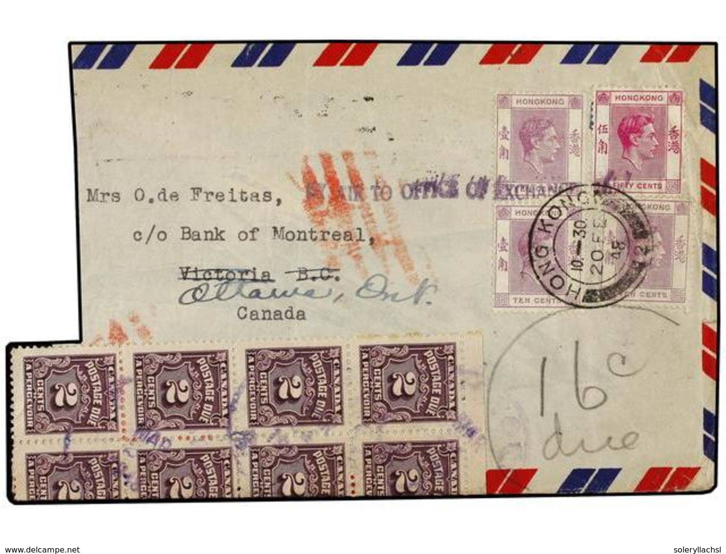 HONG KONG. 1948. HONG KONG To CANADA. Large Part Of Cover Franked With 10 Cent. (3) And 50 Cts. Taxed On Arrival With Ca - Sonstige & Ohne Zuordnung