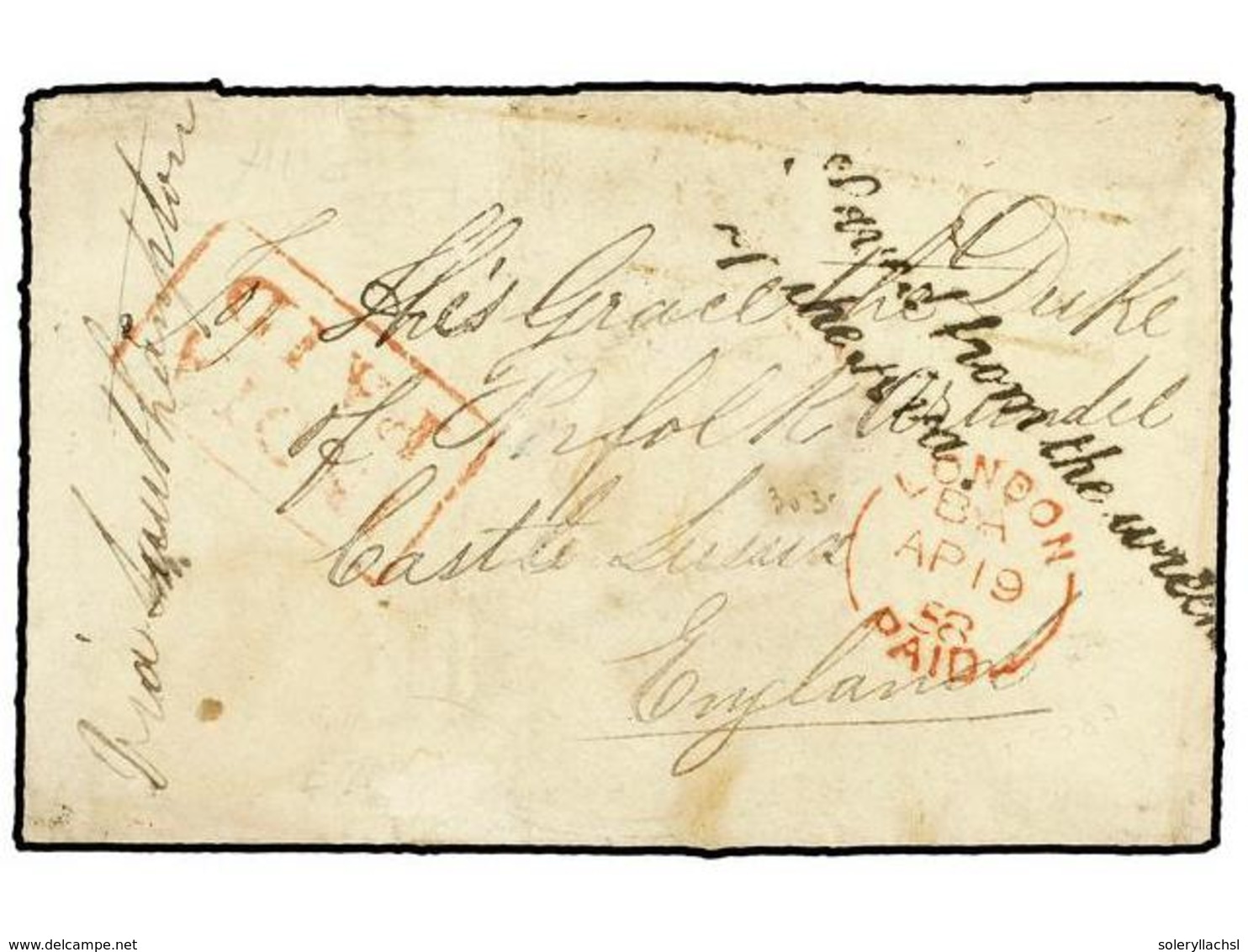 INDIA INGLESA. 1858. Cover To His GRACE The Duke Of Norfolk At ARUNDEL With CALCUTTA Despatch On Reverse And Good Strike - Sonstige & Ohne Zuordnung