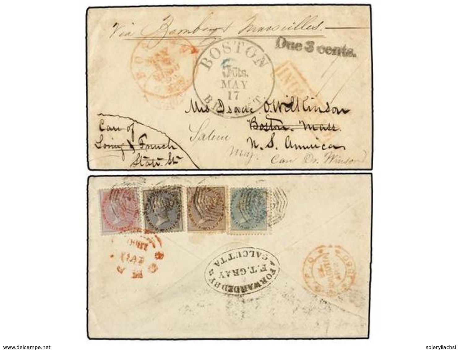 INDIA INGLESA. 1860. CALCUTTA To U.S.A. Envelope Franked On Reverse With 1/2 A. Blue, 1 A. Black And 8 A. Red On Blue St - Altri & Non Classificati