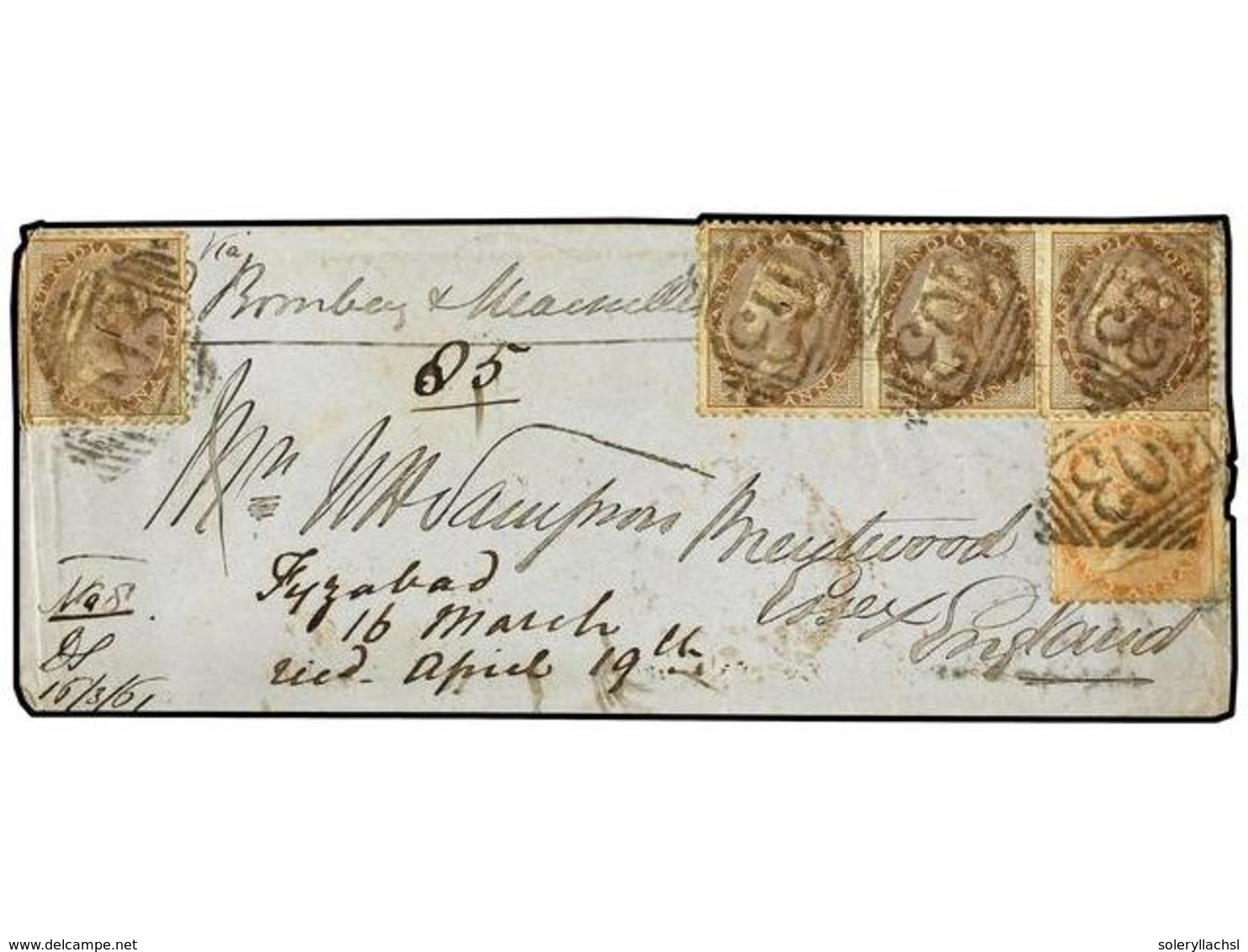 INDIA. Sg.39,42. 1861 (March 16). Cover To BRENTWOOD (UK) Franked By 1856/64 1a. Brown (4) And Single 2a. Yellow-buff Ti - Sonstige & Ohne Zuordnung