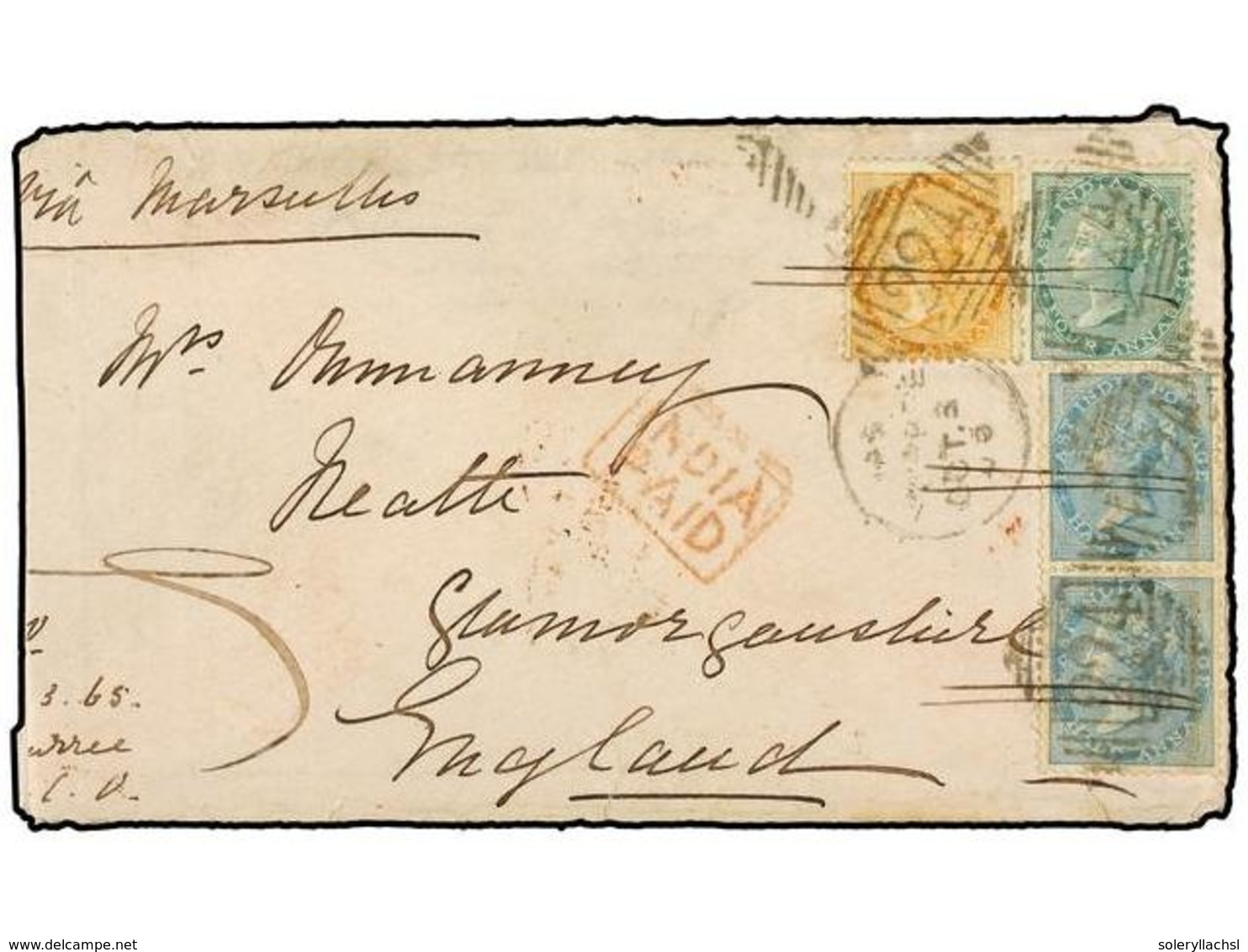 INDIA. Sg.54,63,64. 1865 (Oct 3). Cover To NEATH (Wales) Endorsed 'via Marseilles' Franked By 1865 ½a. Blue Pair, 2a. Br - Sonstige & Ohne Zuordnung