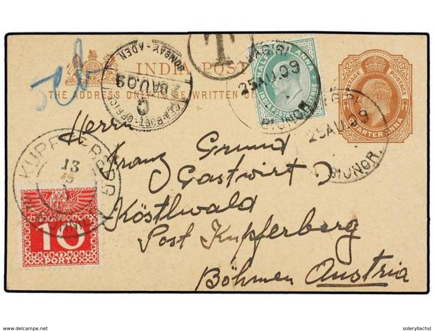 INDIA. 1909. INDIA To AUSTRIA. 1/4 An. Postal Stationery Card Uprated With 1/2 An. Stamp. Taxed On Arrival With Austrian - Other & Unclassified