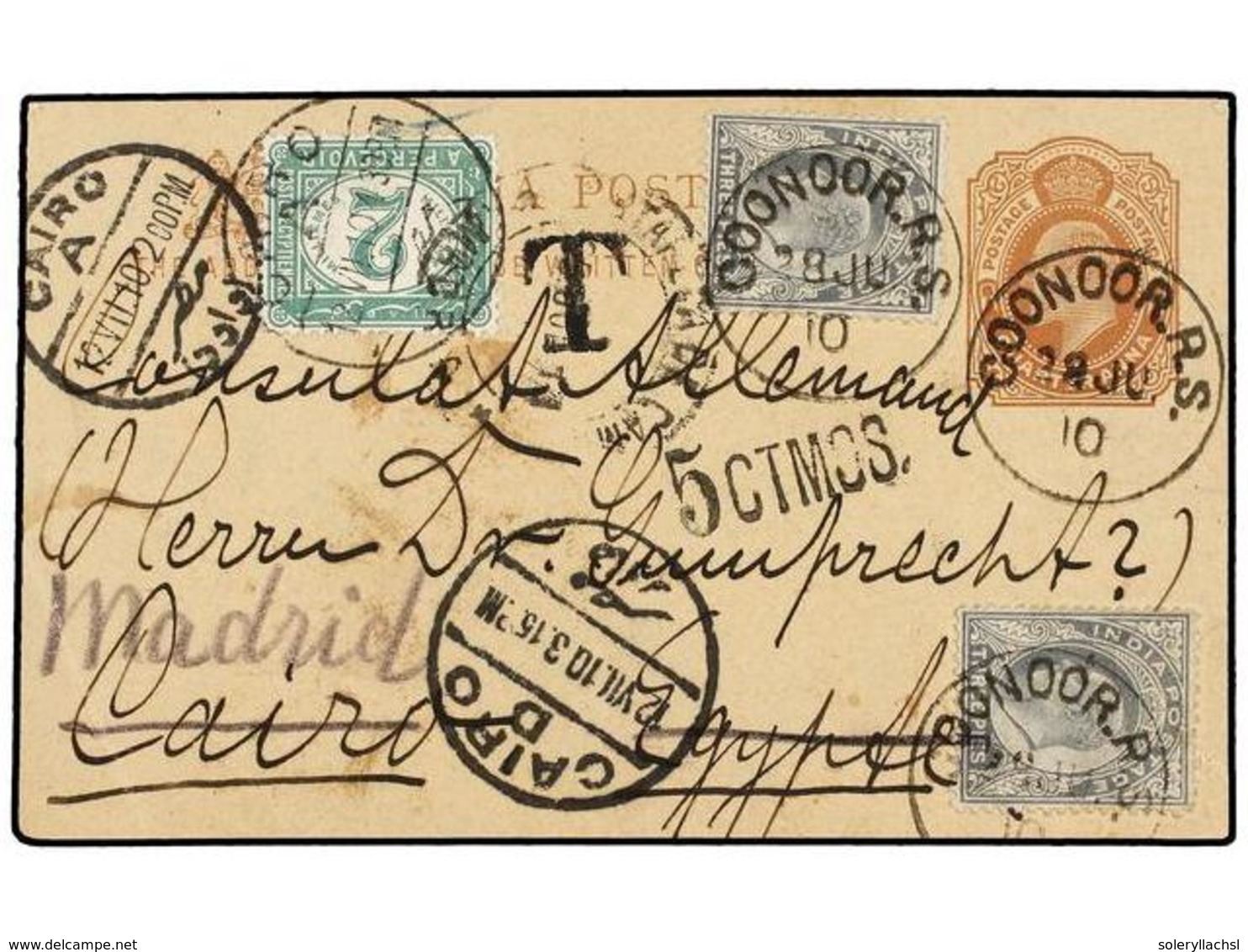 INDIA. 1910. COONOOR To CAIRO (Egypt). 1/4 An. Postal Stationery Card Uprated With Two 3 Pi. Stamps. Taxed On Arrival Wi - Sonstige & Ohne Zuordnung