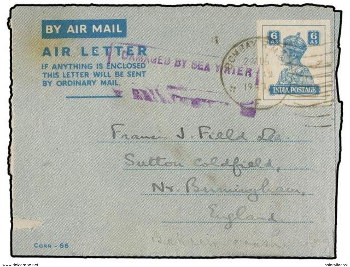 INDIA. 1947. BOMBAY To ENGLAND. CRASH COVER. Aerograme Crashed Into The Sea When Landing At BAHRAIN, PERSIAN GULF. Cache - Sonstige & Ohne Zuordnung