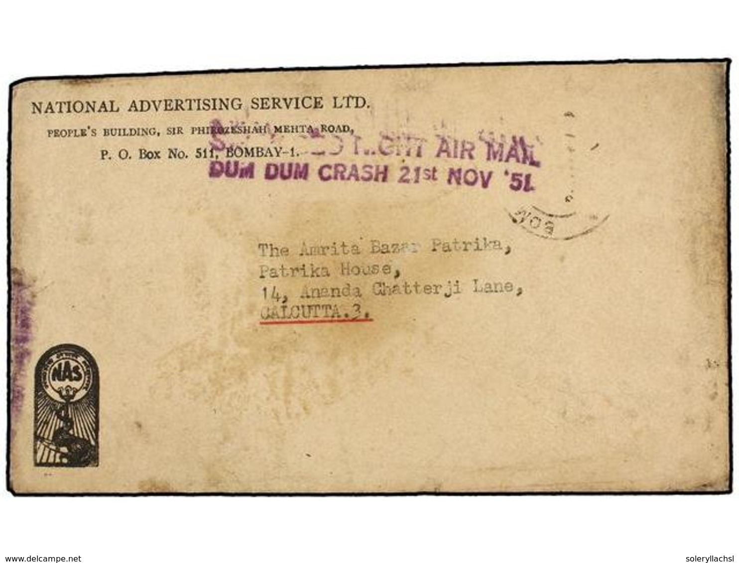 INDIA. 1951. BOMBAY To CALCUTTA. CRASH COVER. Envelope With Cachet SALVAGED NIGHT AIRMAIL/DUMDUM CRASH 21st. NOV 51. - Sonstige & Ohne Zuordnung