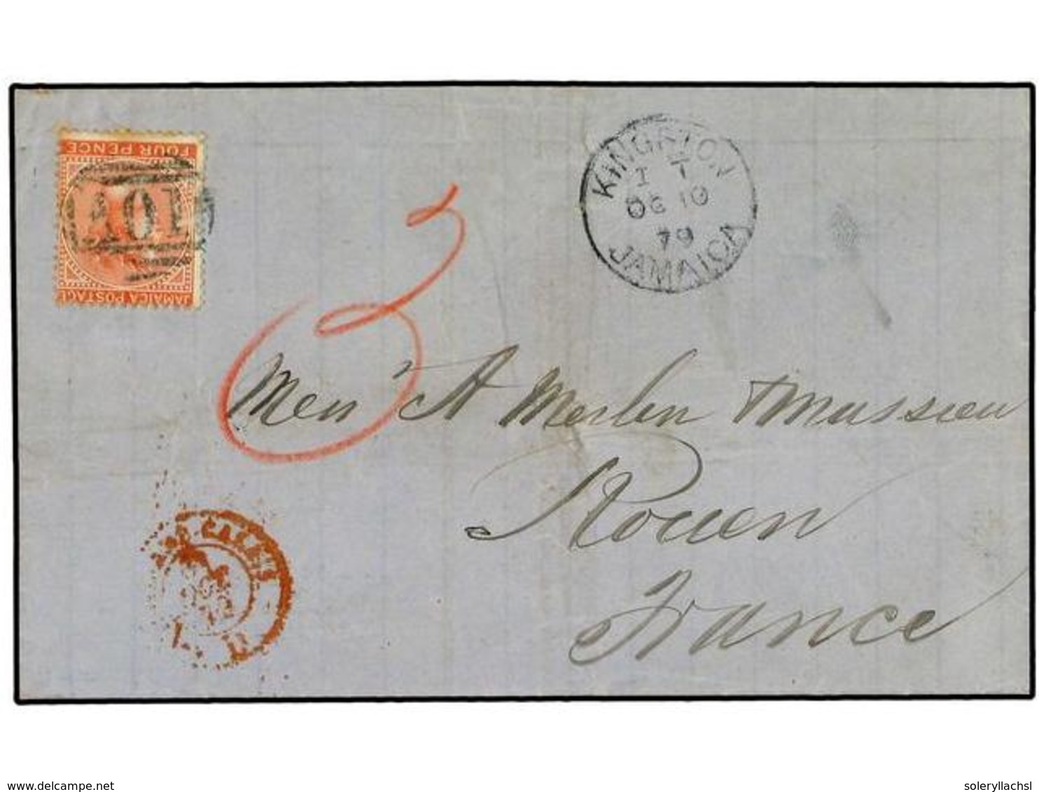 JAMAICA. 1879 (Oct 10). Cover To Rouen, France Franked By Single 1872 4d Red Orange Tied By AO1 Obliterator In Blue-blac - Sonstige & Ohne Zuordnung