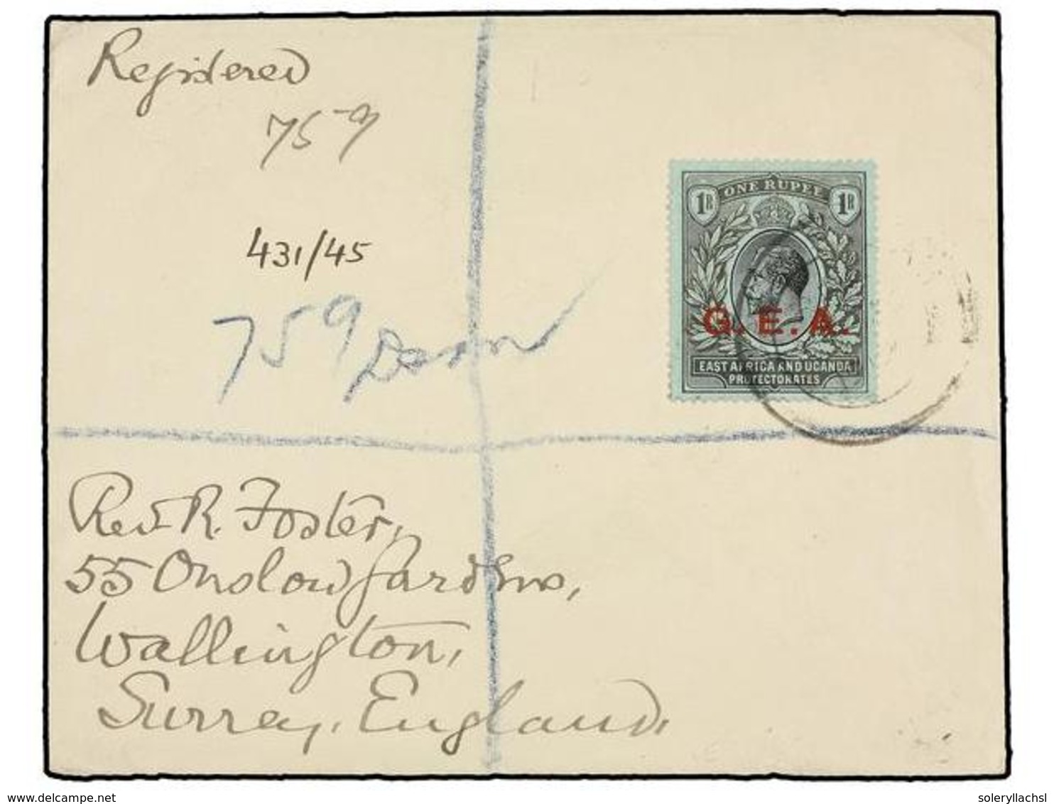 TANGANIKA. Sg.55. 1919. Envelope Franked With 1 R. Black On Green, Arrival Cds On Reverse. - Altri & Non Classificati